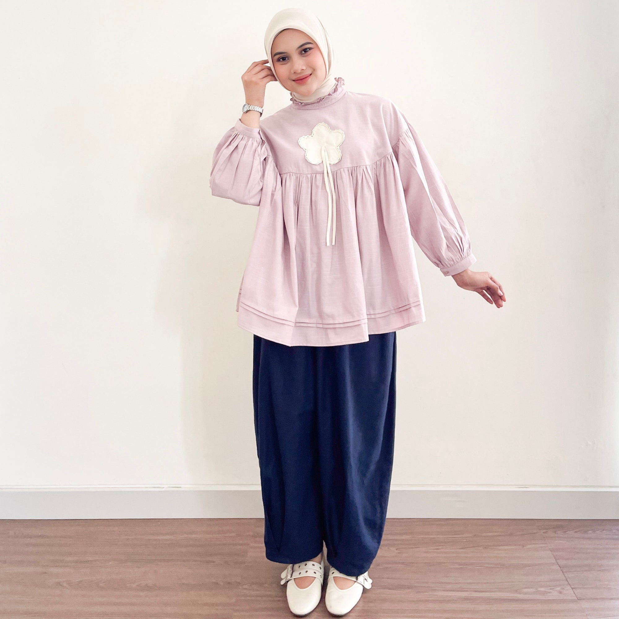Image of Eclemix Top Rosella | Blouse Wanita Babydoll Lengan Balon Aksen Bunga