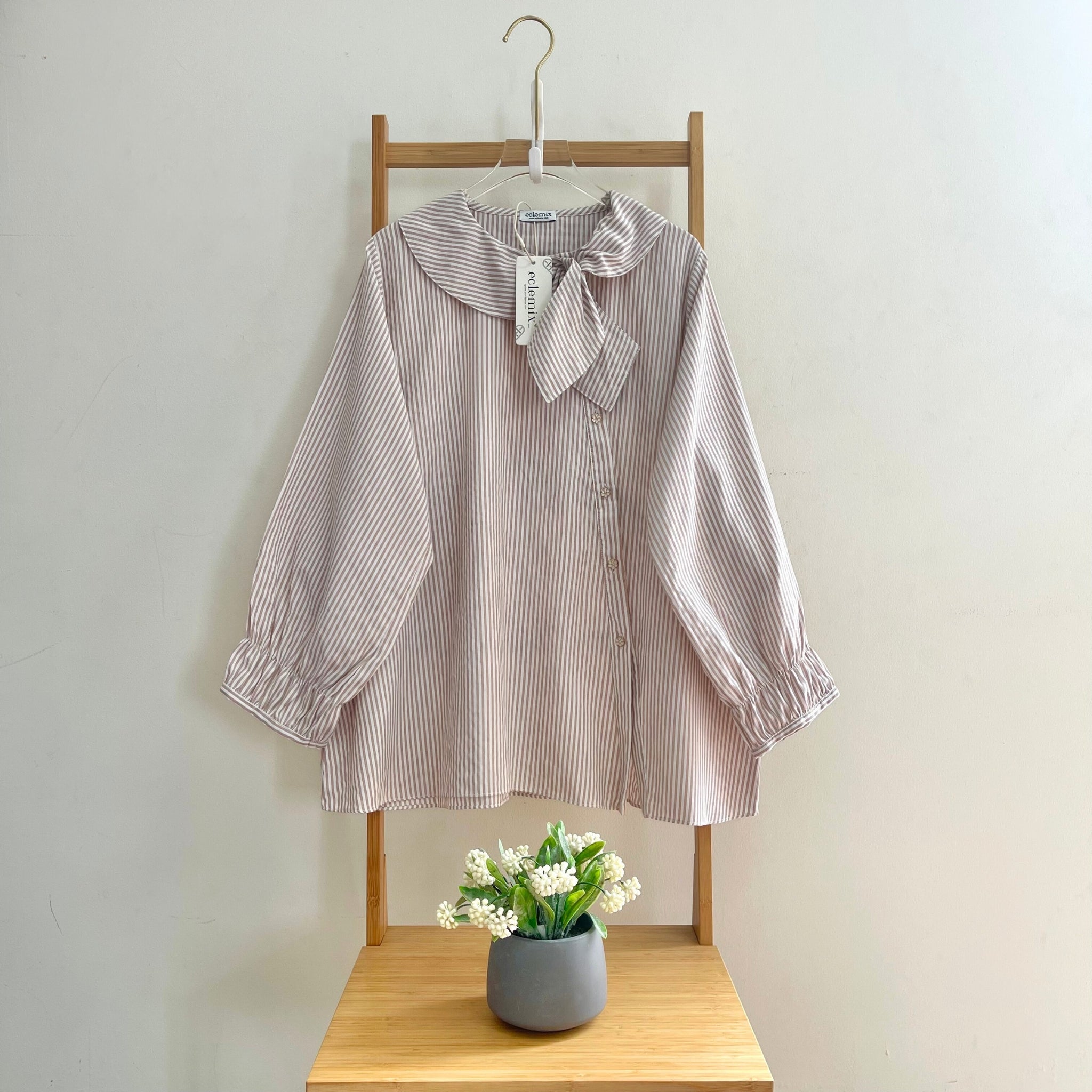 Image of Eclemix Top Kirumi | Atasan Wanita Kemeja Motif Stripes Kerah Pita
