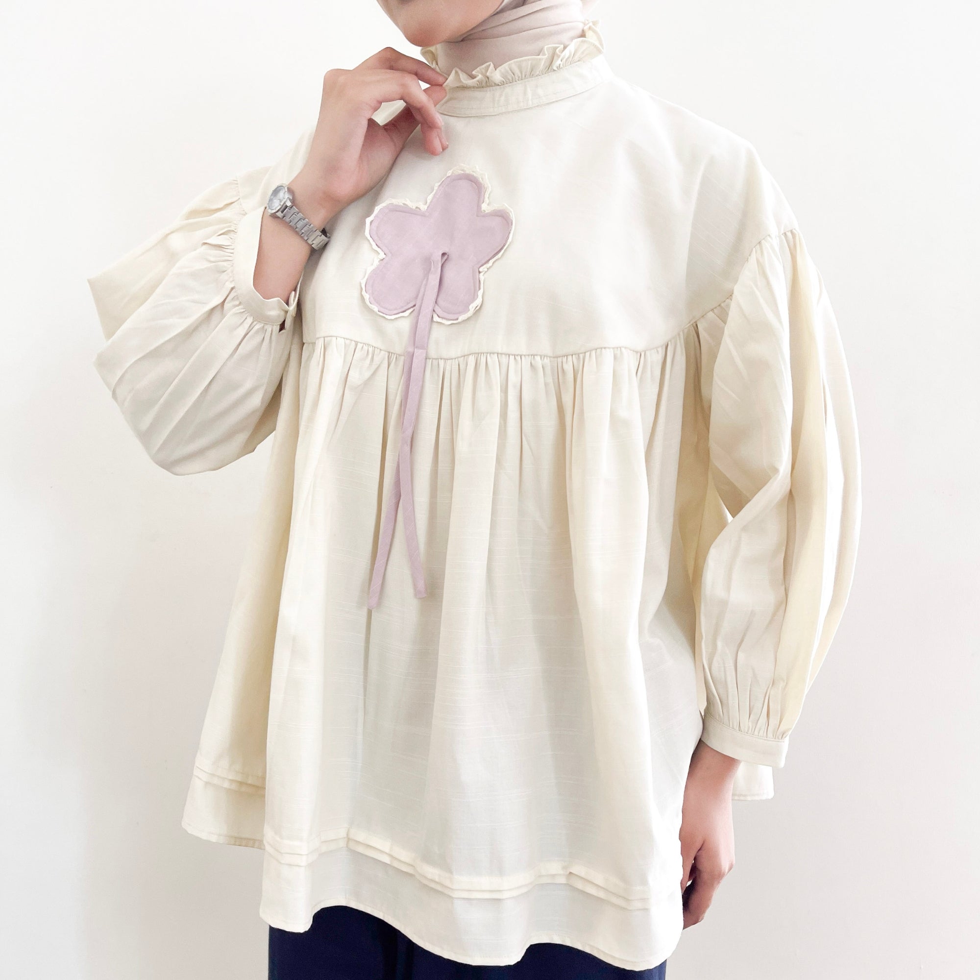 Image of Eclemix Top Rosella | Blouse Wanita Babydoll Lengan Balon Aksen Bunga