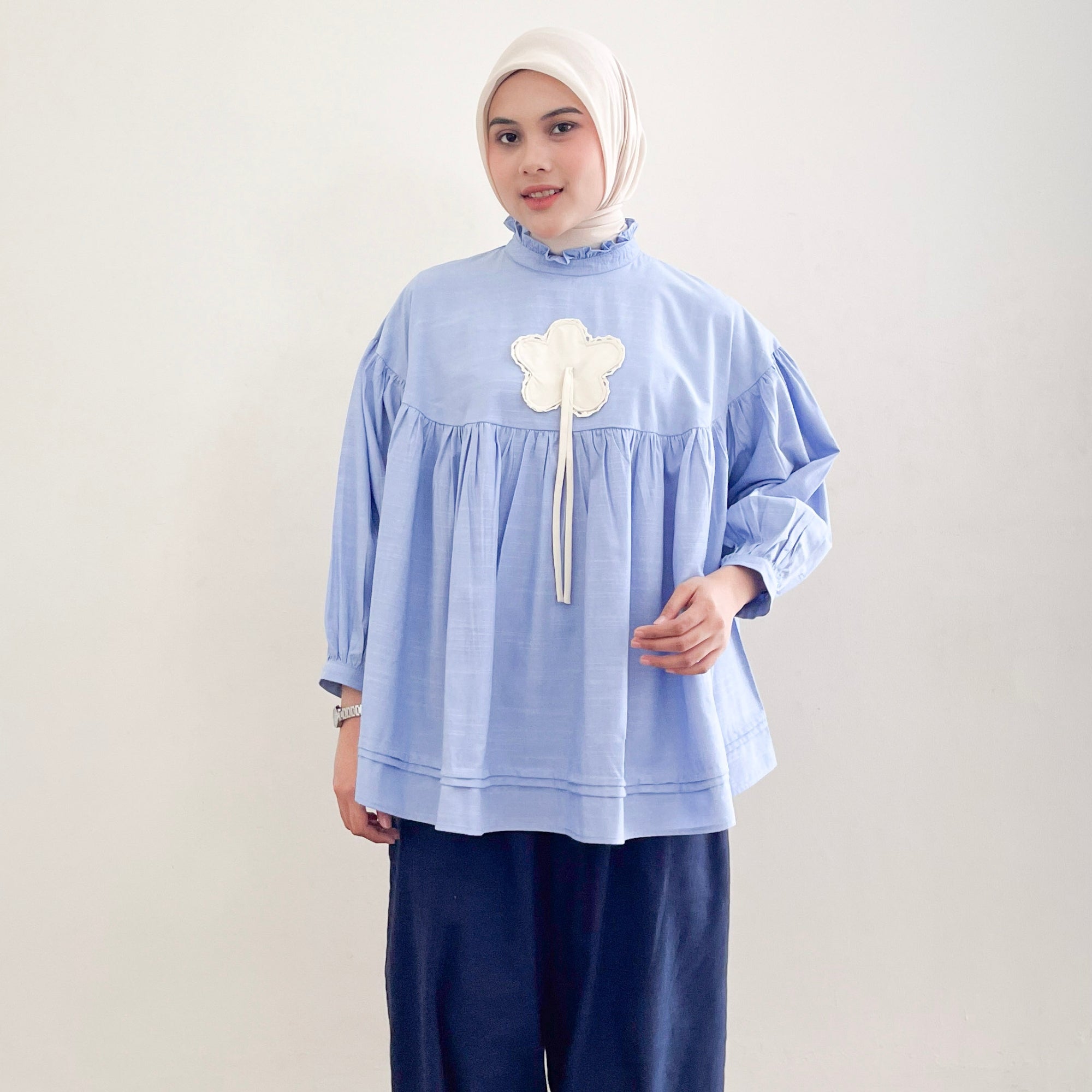 Image of Eclemix Top Rosella | Blouse Wanita Babydoll Lengan Balon Aksen Bunga