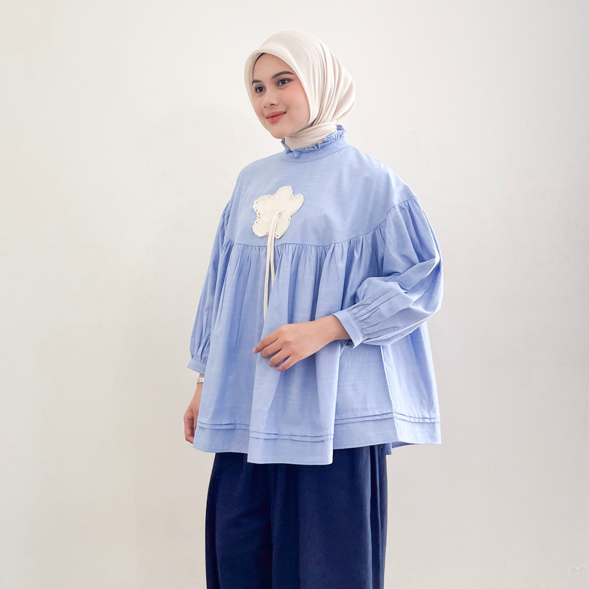 Image of Eclemix Top Rosella | Blouse Wanita Babydoll Lengan Balon Aksen Bunga