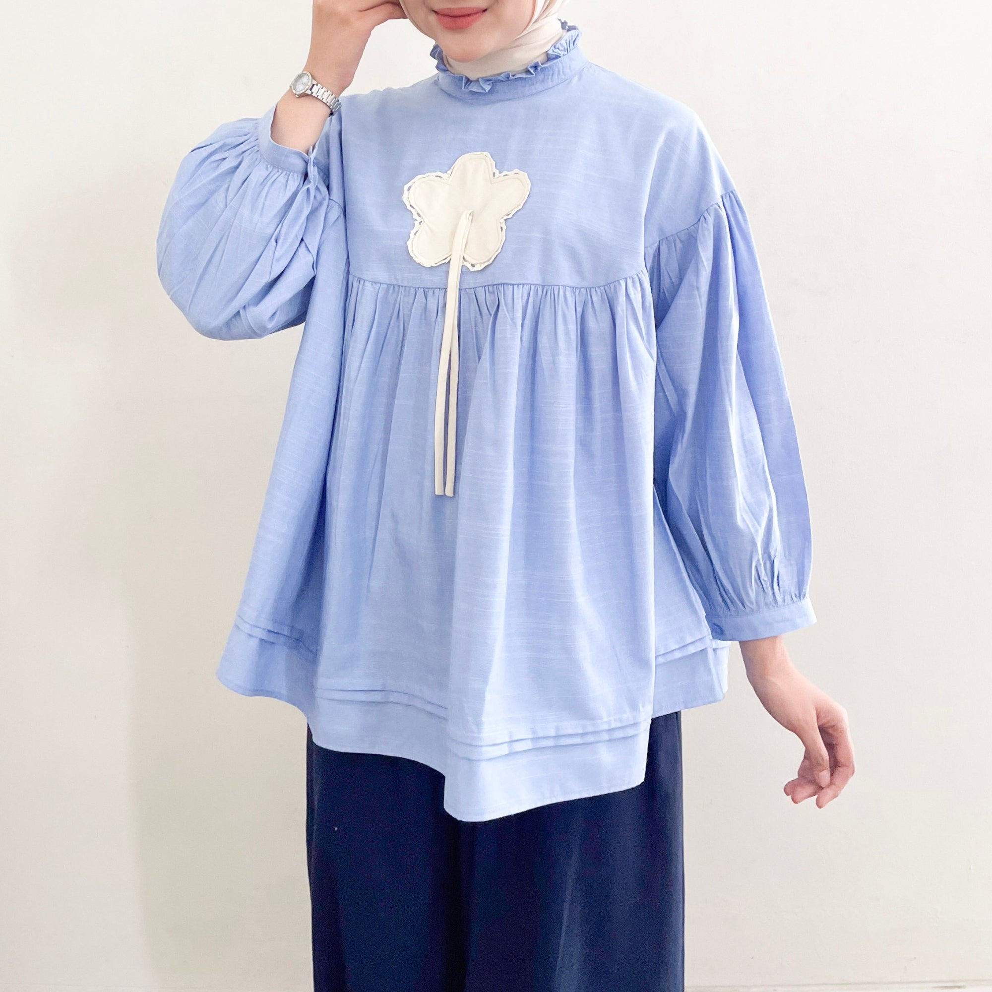 Image of Eclemix Top Rosella | Blouse Wanita Babydoll Lengan Balon Aksen Bunga