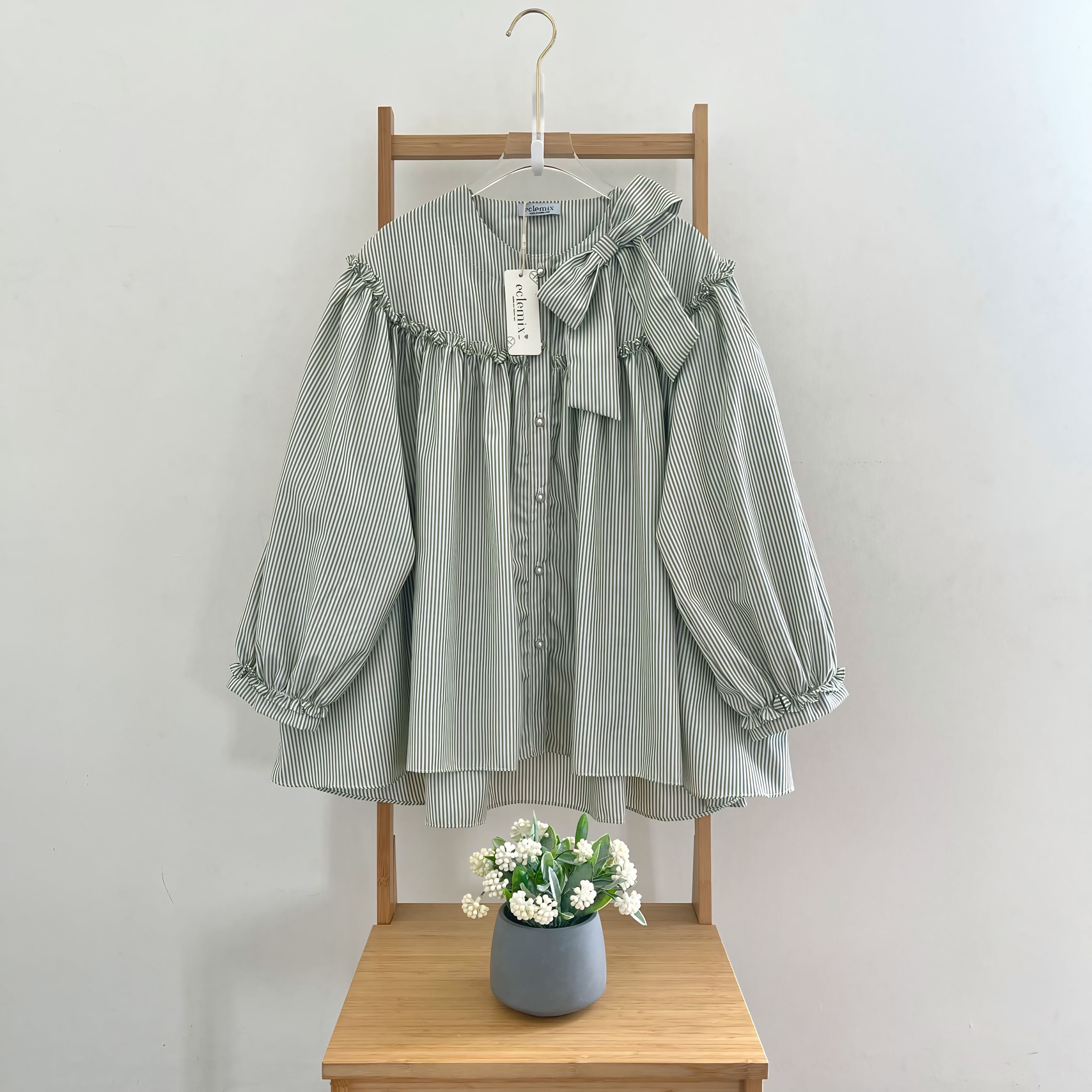 Image of Eclemix Top Tartha | Atasan Wanita Kemeja Motif Stripes Pita Bowtie