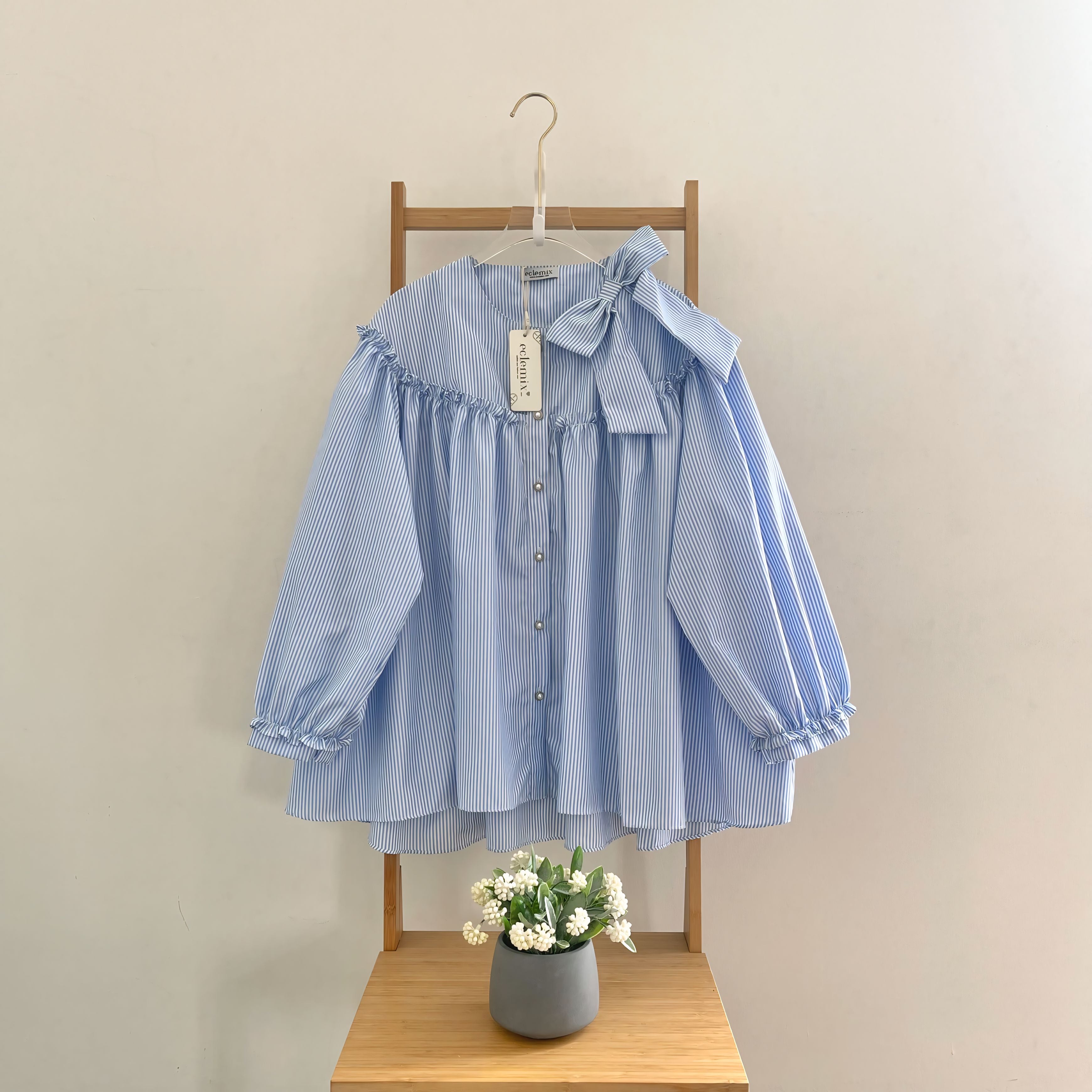 Image of Eclemix Top Tartha | Atasan Wanita Kemeja Motif Stripes Pita Bowtie