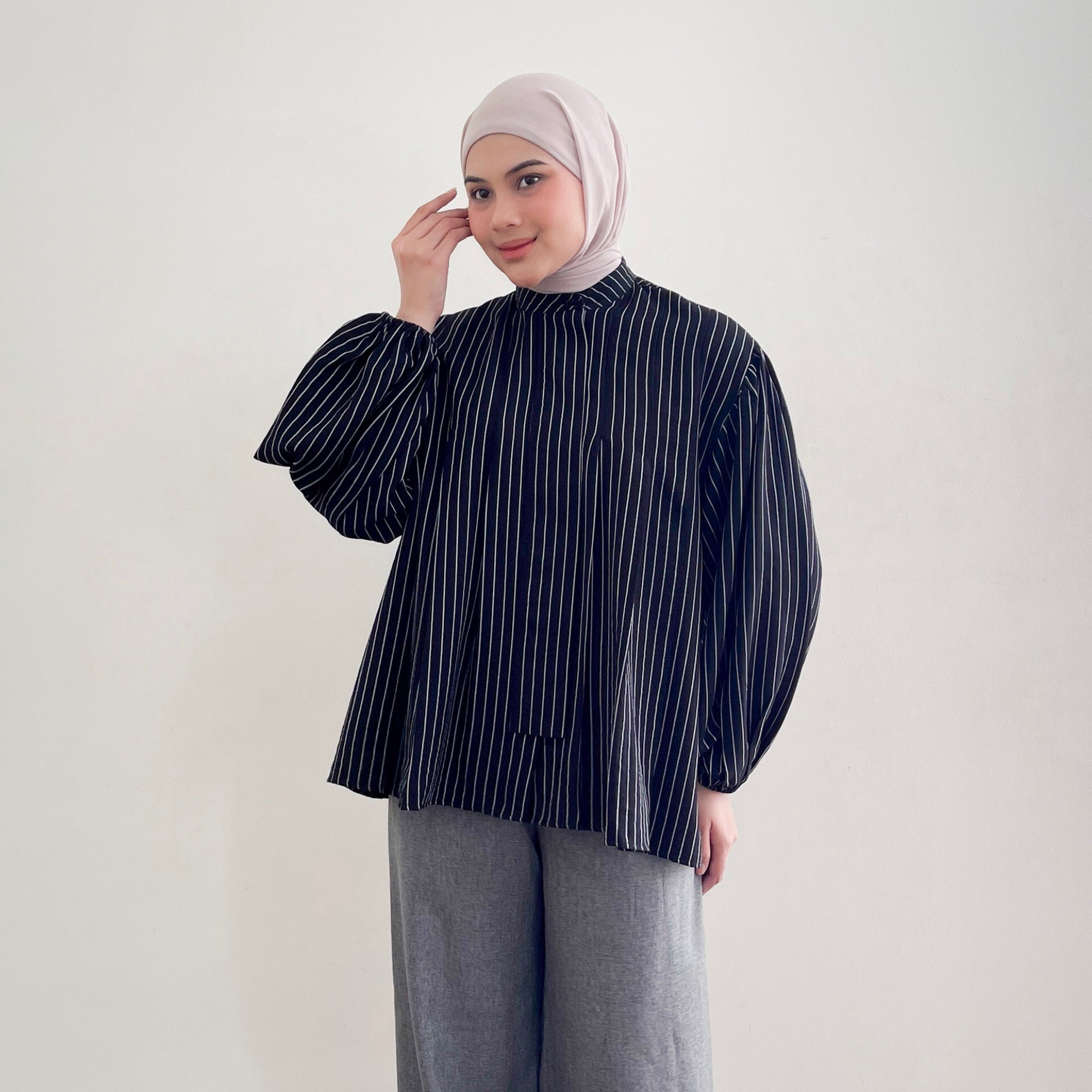 Image of Eclemix Top Naia | Atasan Blouse Wanita Stripe Lengan Balon Korean Style
