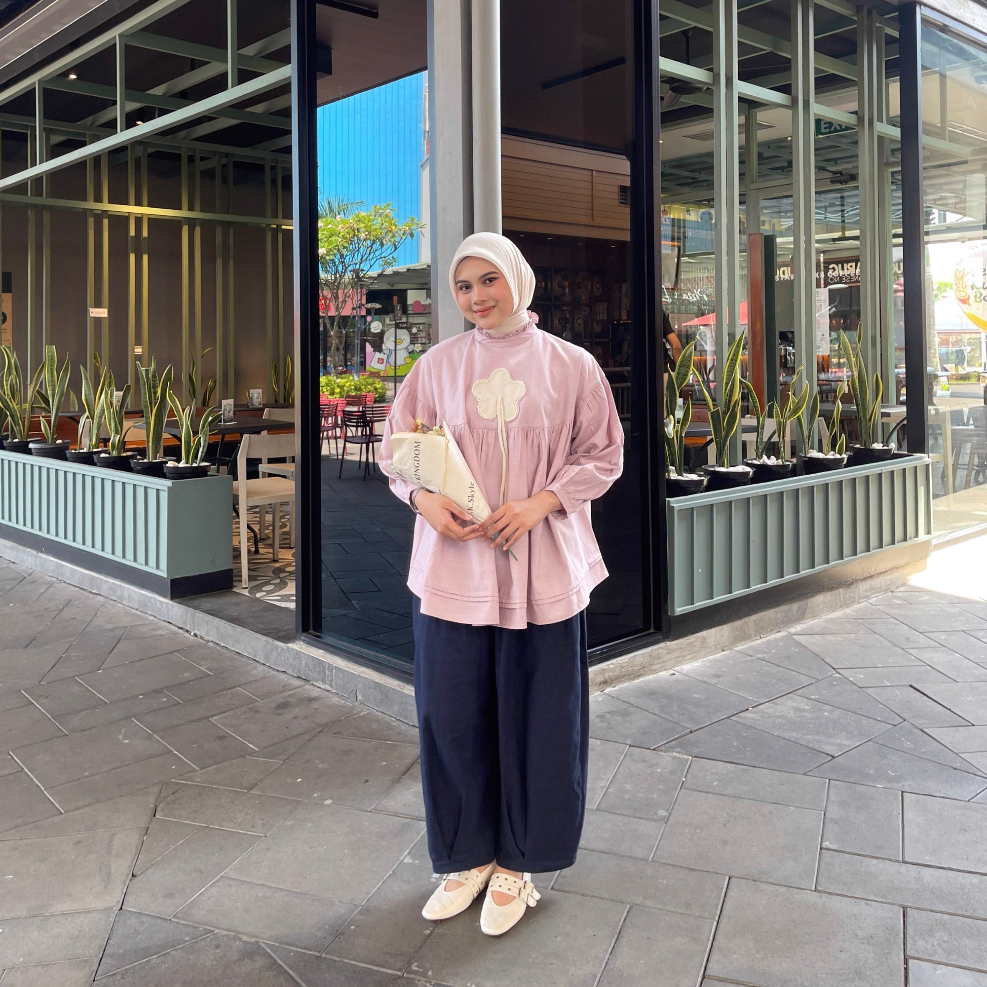 Image of Eclemix Top Rosella | Blouse Wanita Babydoll Lengan Balon Aksen Bunga