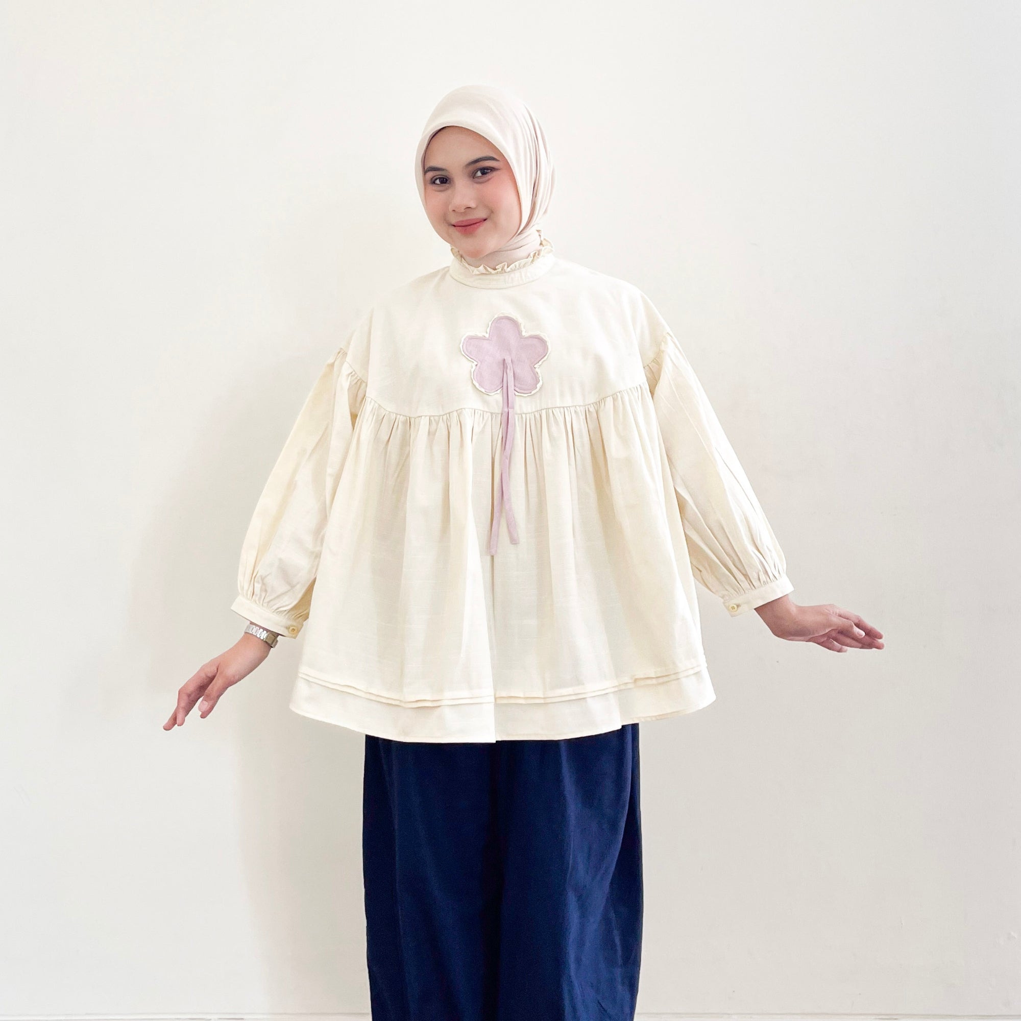 Image of Eclemix Top Rosella | Blouse Wanita Babydoll Lengan Balon Aksen Bunga