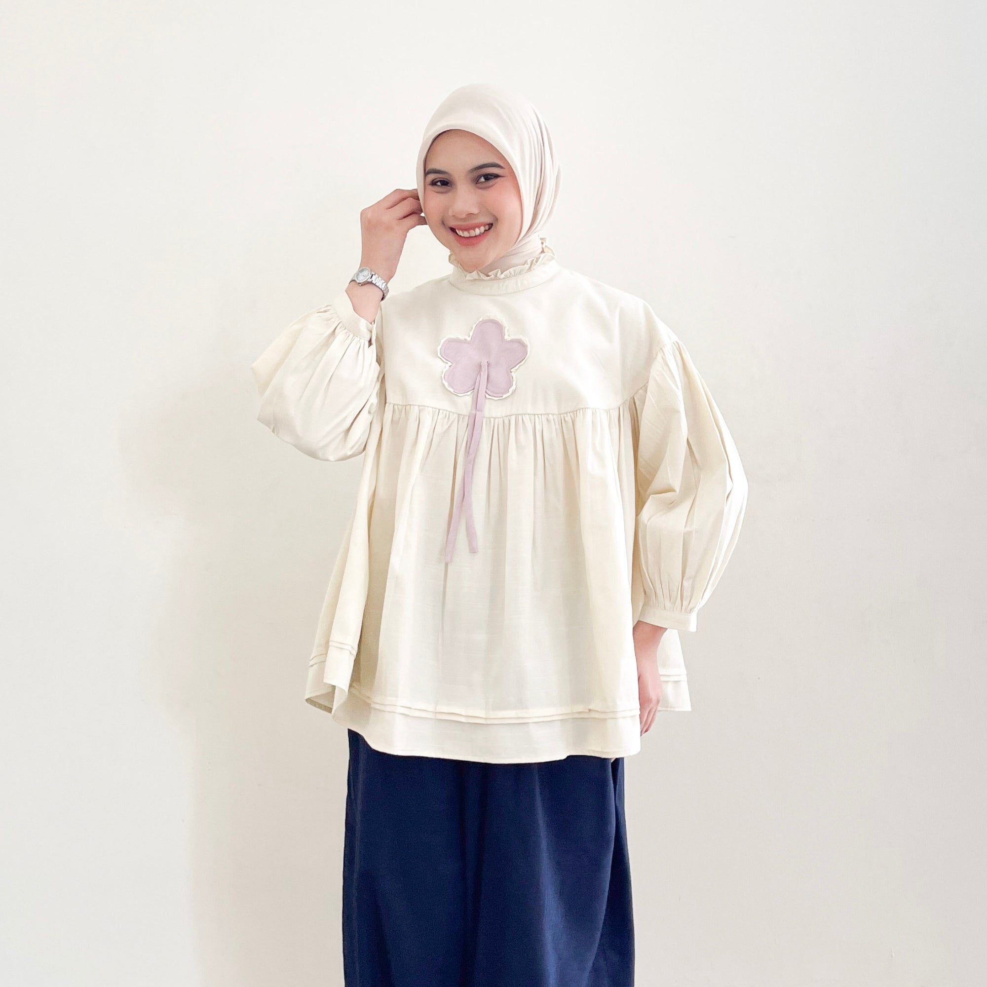 Image of Eclemix Top Rosella | Blouse Wanita Babydoll Lengan Balon Aksen Bunga