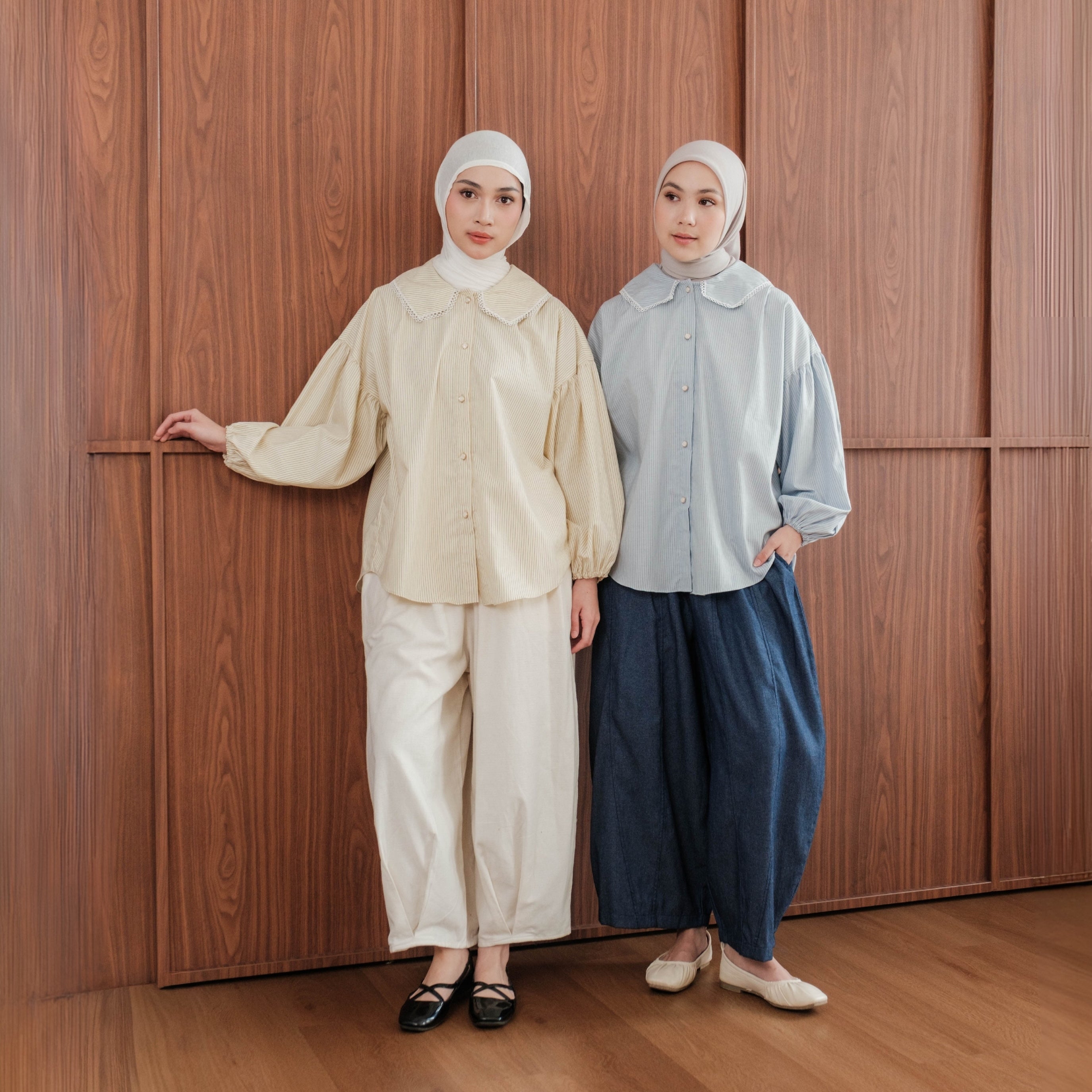 Image of Eclemix Kemeja Wanita Stripe Kerah Renda Puff Sleeve Top Aluvia