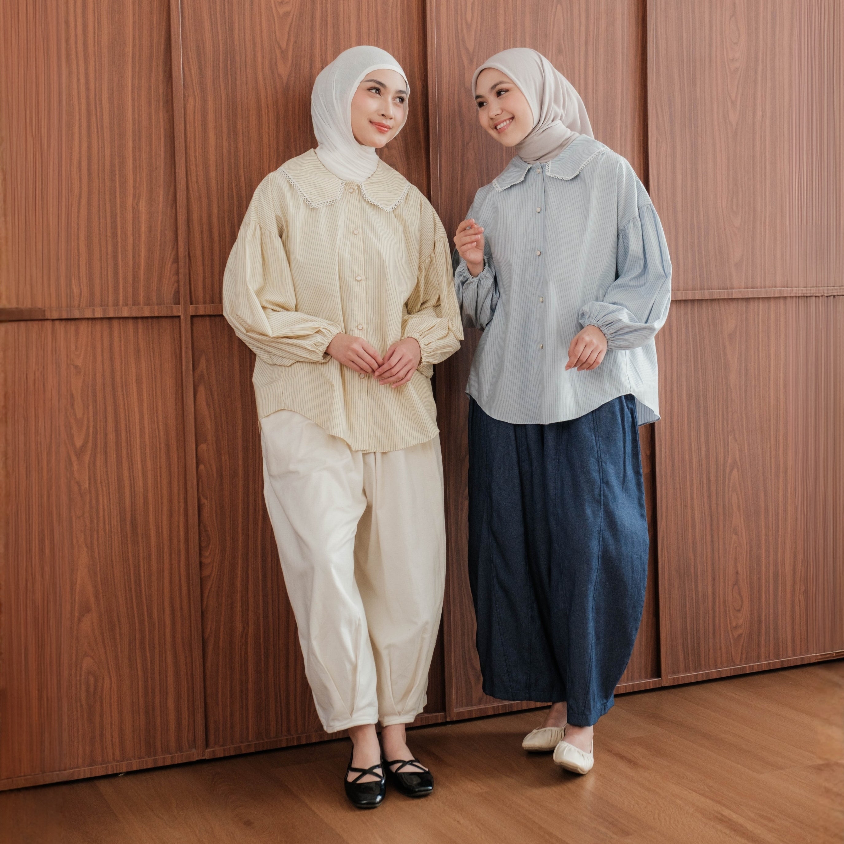 Image of Eclemix Kemeja Wanita Stripe Kerah Renda Puff Sleeve Top Aluvia