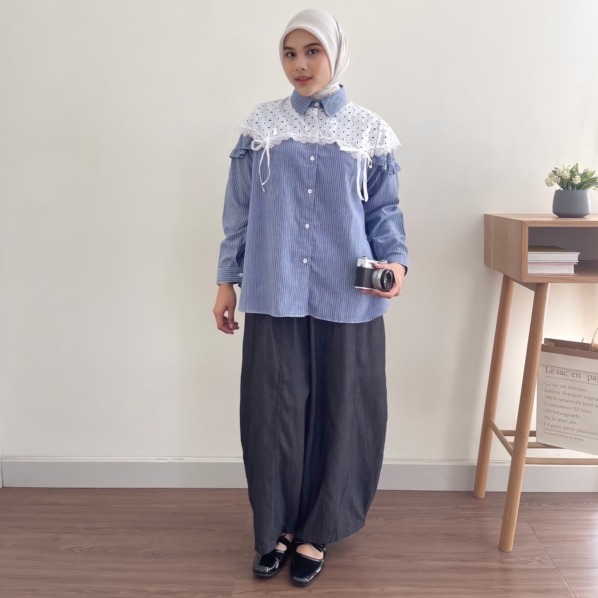 Image of Eclemix Top Ailiya atasan wanita kemeja stripe mix prada daily detail bahan