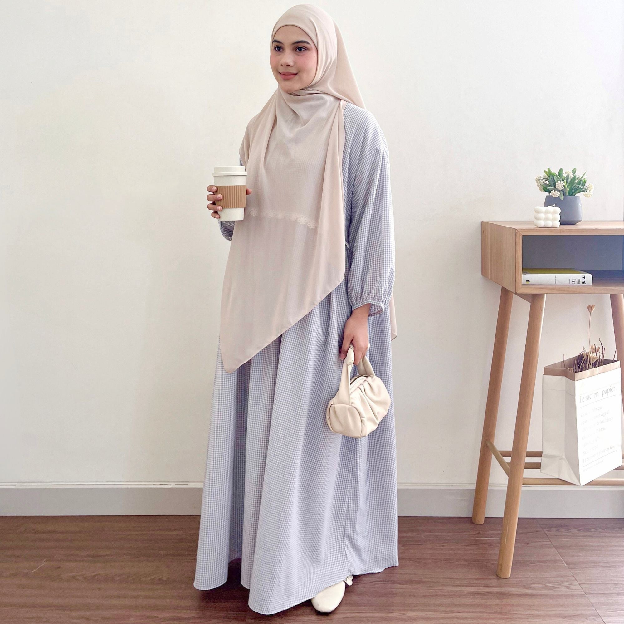Image of Eclemix Dress Cookie gamis wanita gingham loose fit lengan balon detail bahan