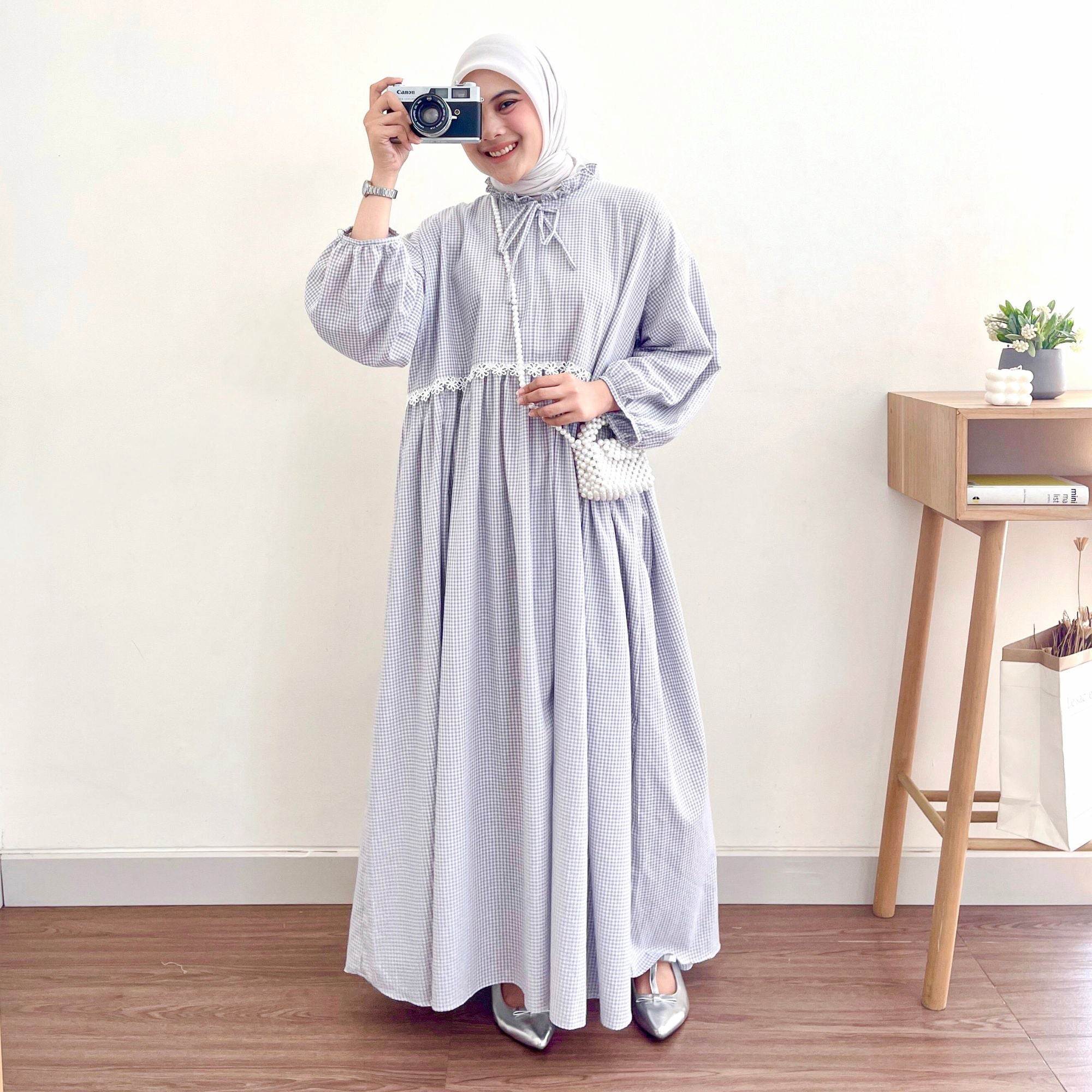 Image of Eclemix Dress Cookie gamis wanita gingham loose fit lengan balon detail produk