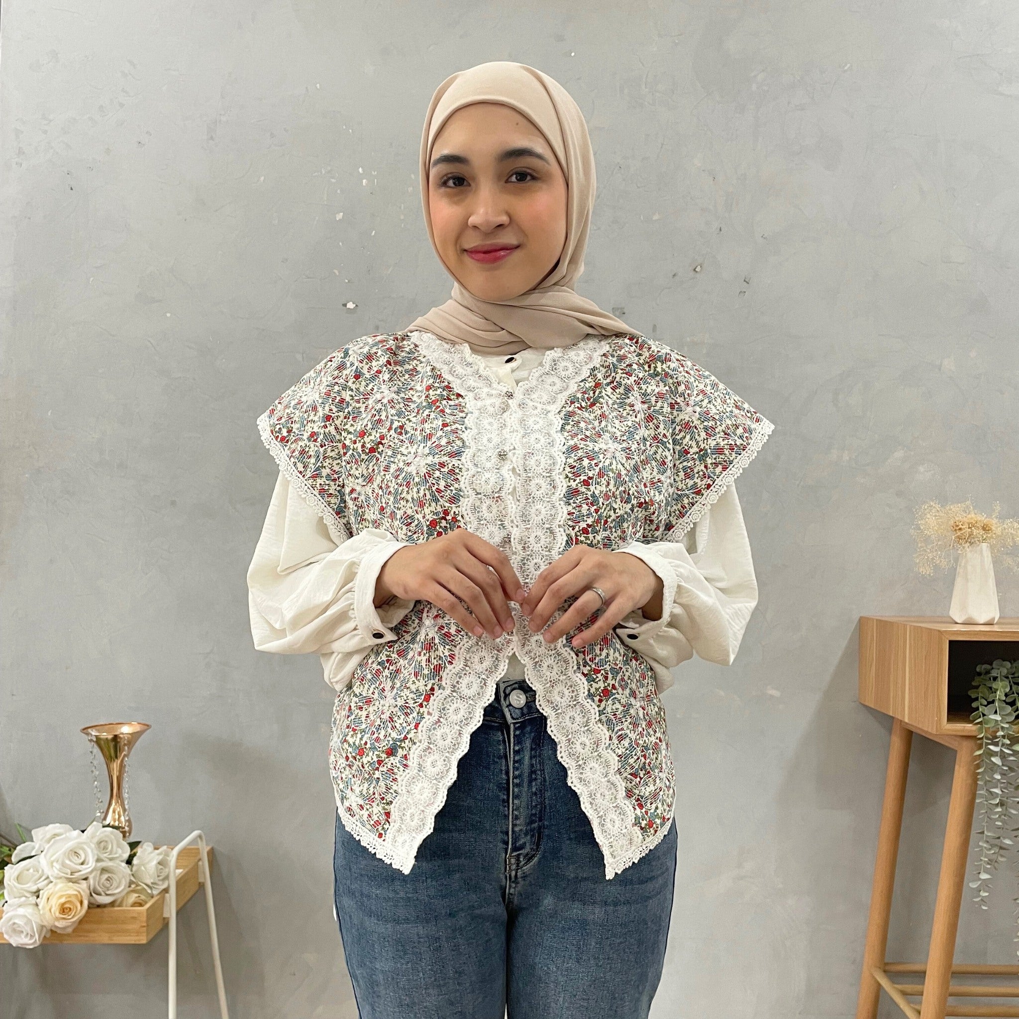Eclemix Outer Maurin | Vest Brokat Bunga | Outer Panjang Brukat Tanpa Lengan