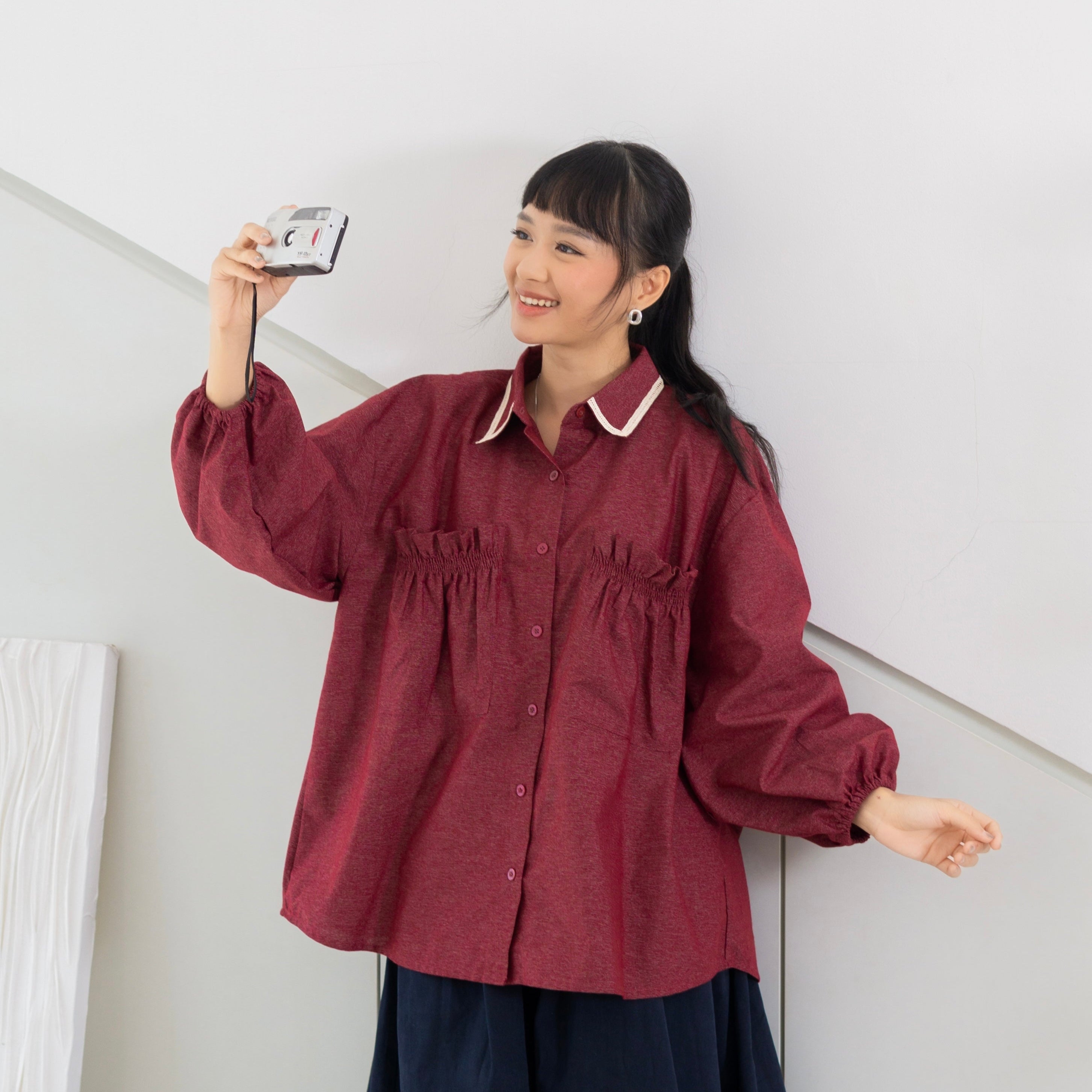 Eclemix Top Yumana | Atasan Wanita Kemeja Daily Basic Saku Loose
