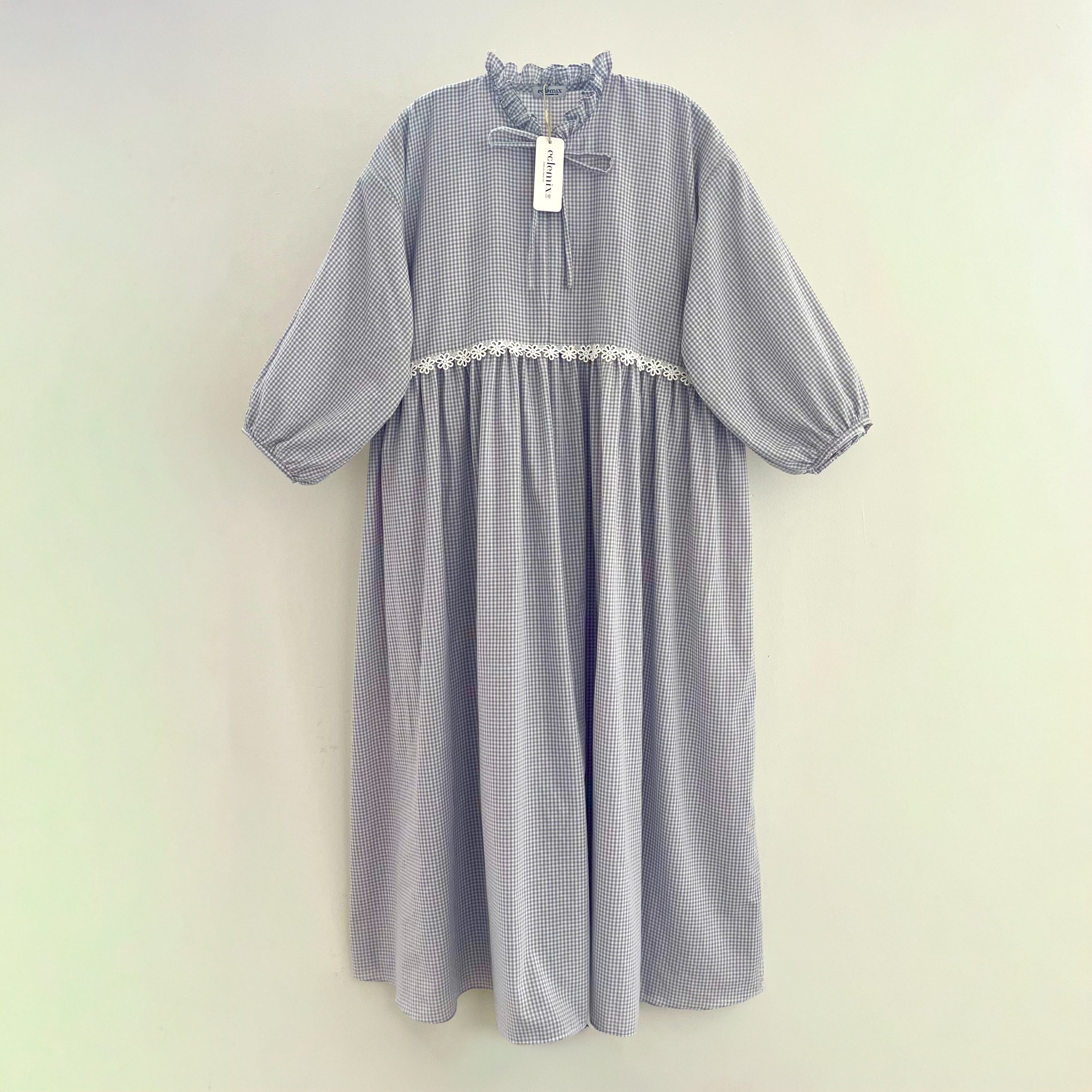 Image of Eclemix Dress Cookie gamis wanita gingham loose fit lengan balon detail kerah