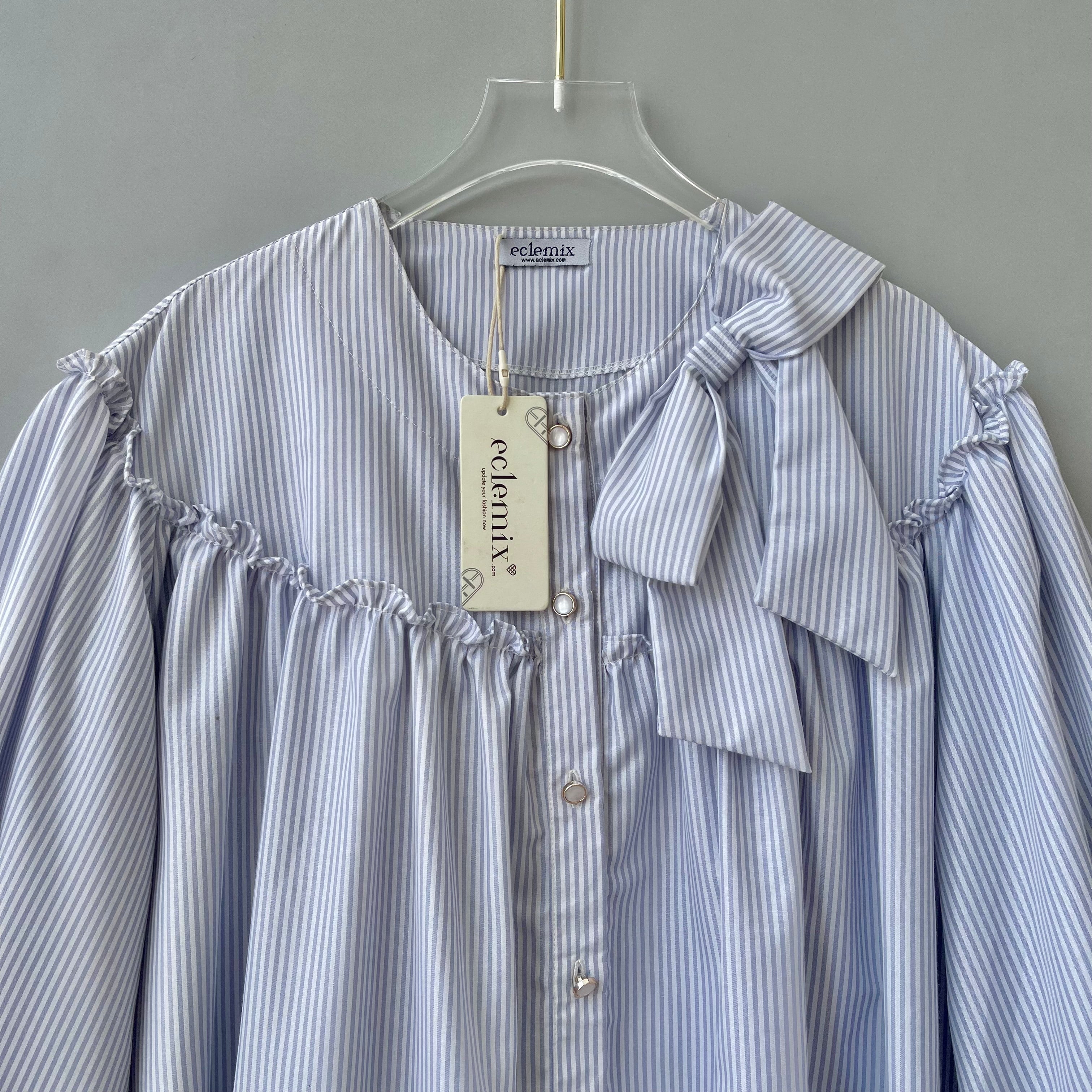 Eclemix Top Tartha | Atasan Wanita Kemeja Motif Stripes Pita Bowtie