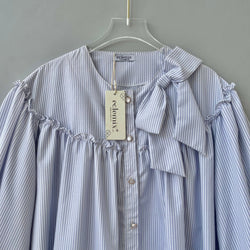 Image of Eclemix Top Tartha | Atasan Wanita Kemeja Motif Stripes Pita Bowtie