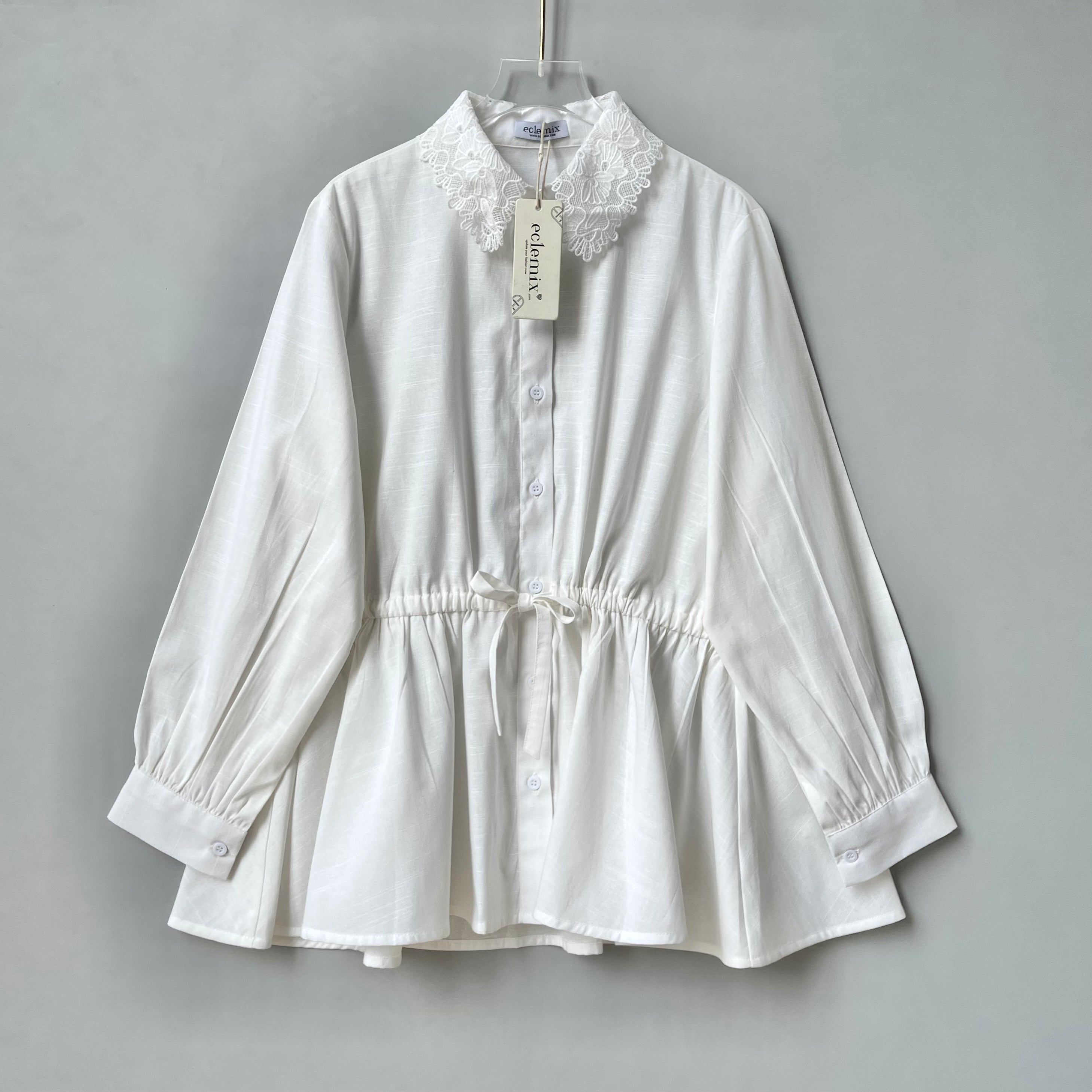 Eclemix Top Pure | Atasan Wanita Blouse Lengan Panjang Kerah Renda Bunga Vintage Korean Style