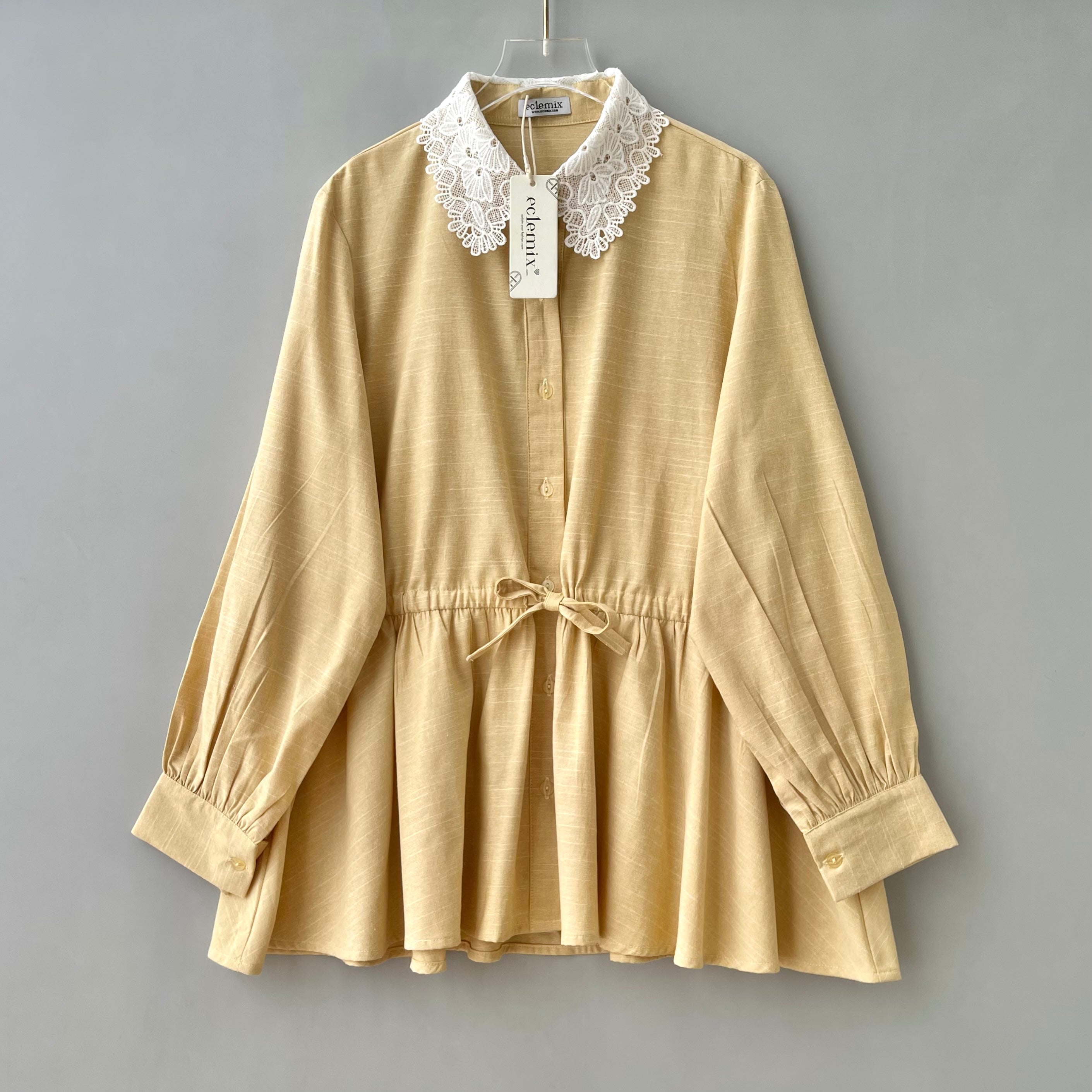 Eclemix Top Pure | Atasan Wanita Blouse Lengan Panjang Kerah Renda Bunga Vintage Korean Style