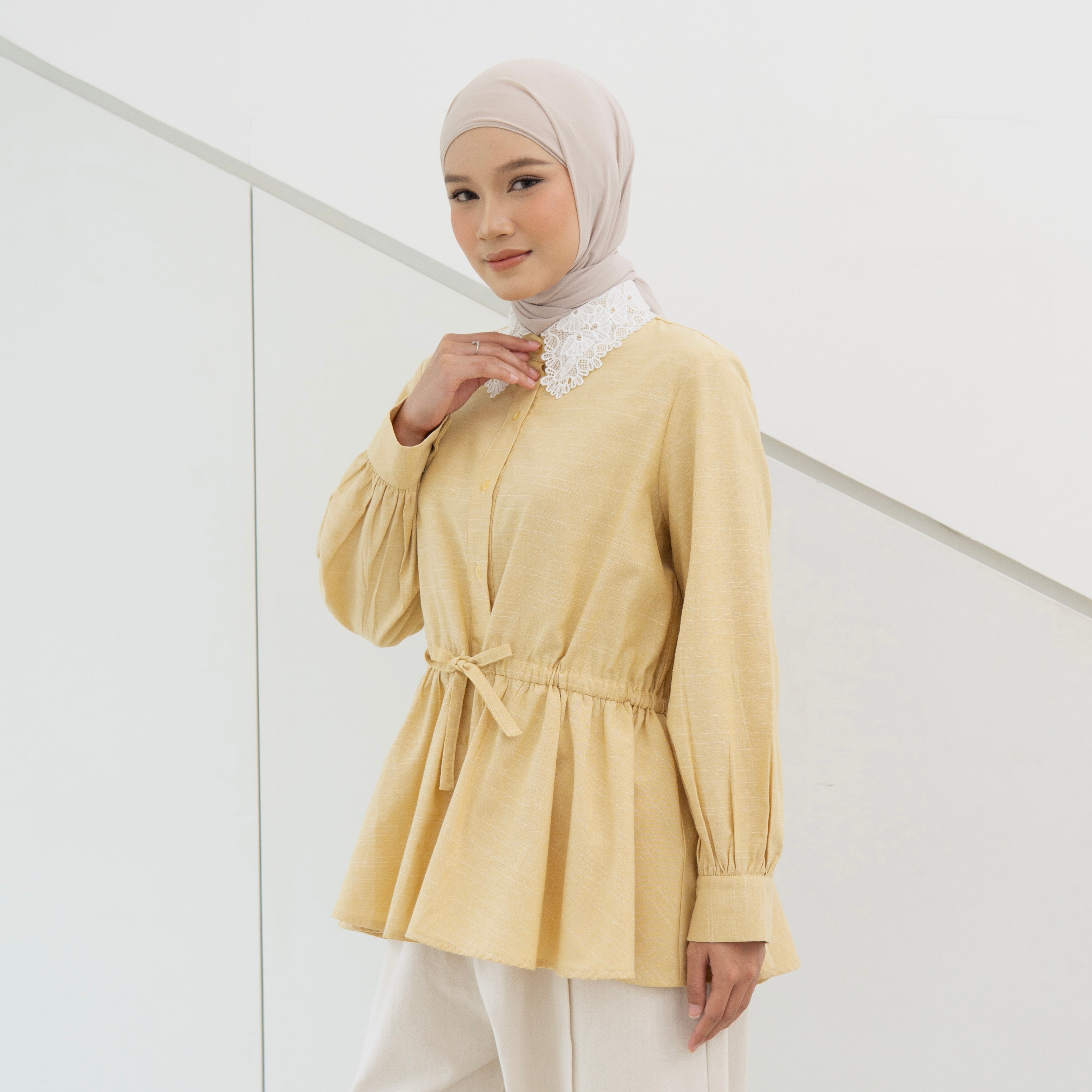 Eclemix Top Pure | Atasan Wanita Blouse Lengan Panjang Kerah Renda Bunga Vintage Korean Style