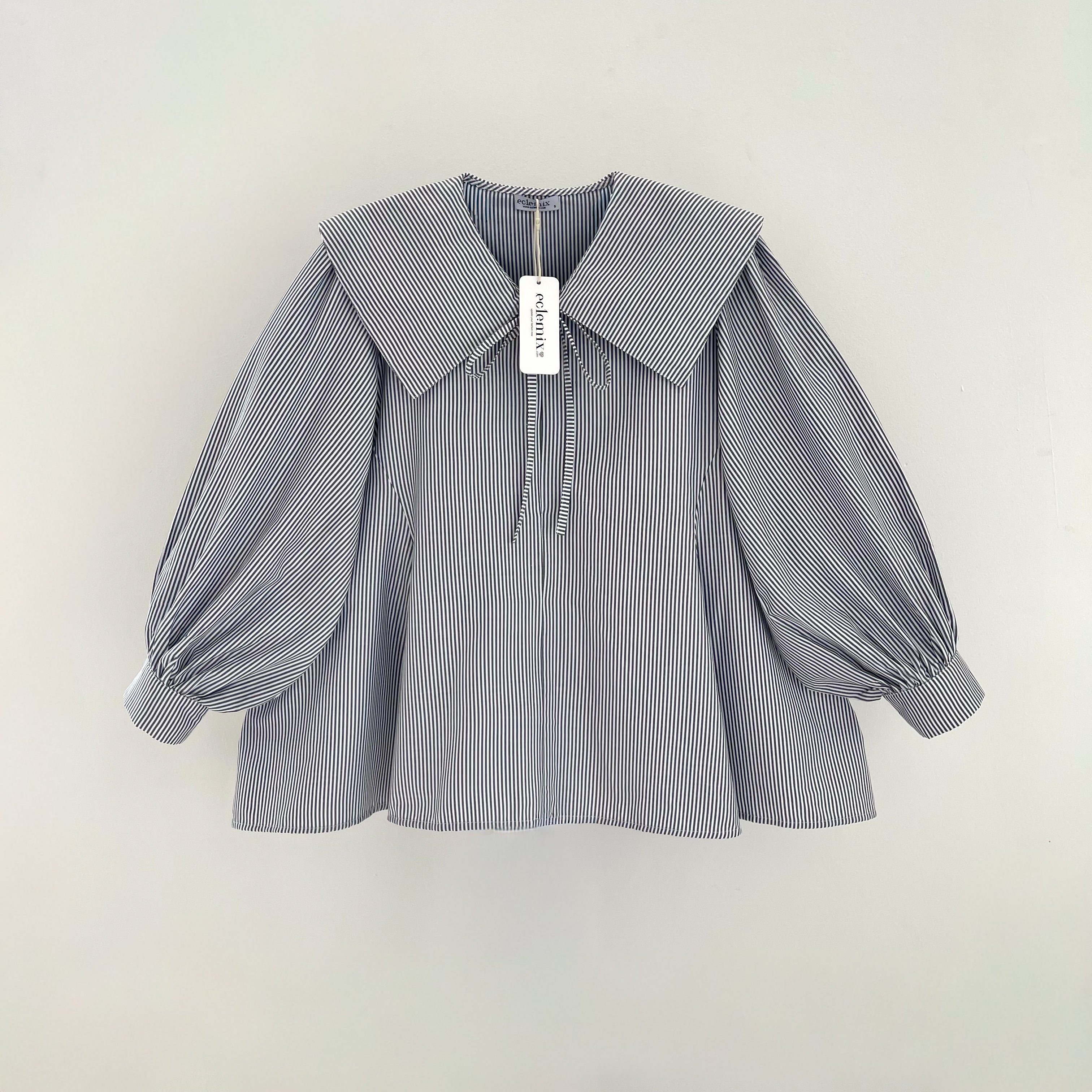 Image of Eclemix Eika Sailor Collar Puff Blouse | Atasan Blouse Wanita Katun Motif Stripes