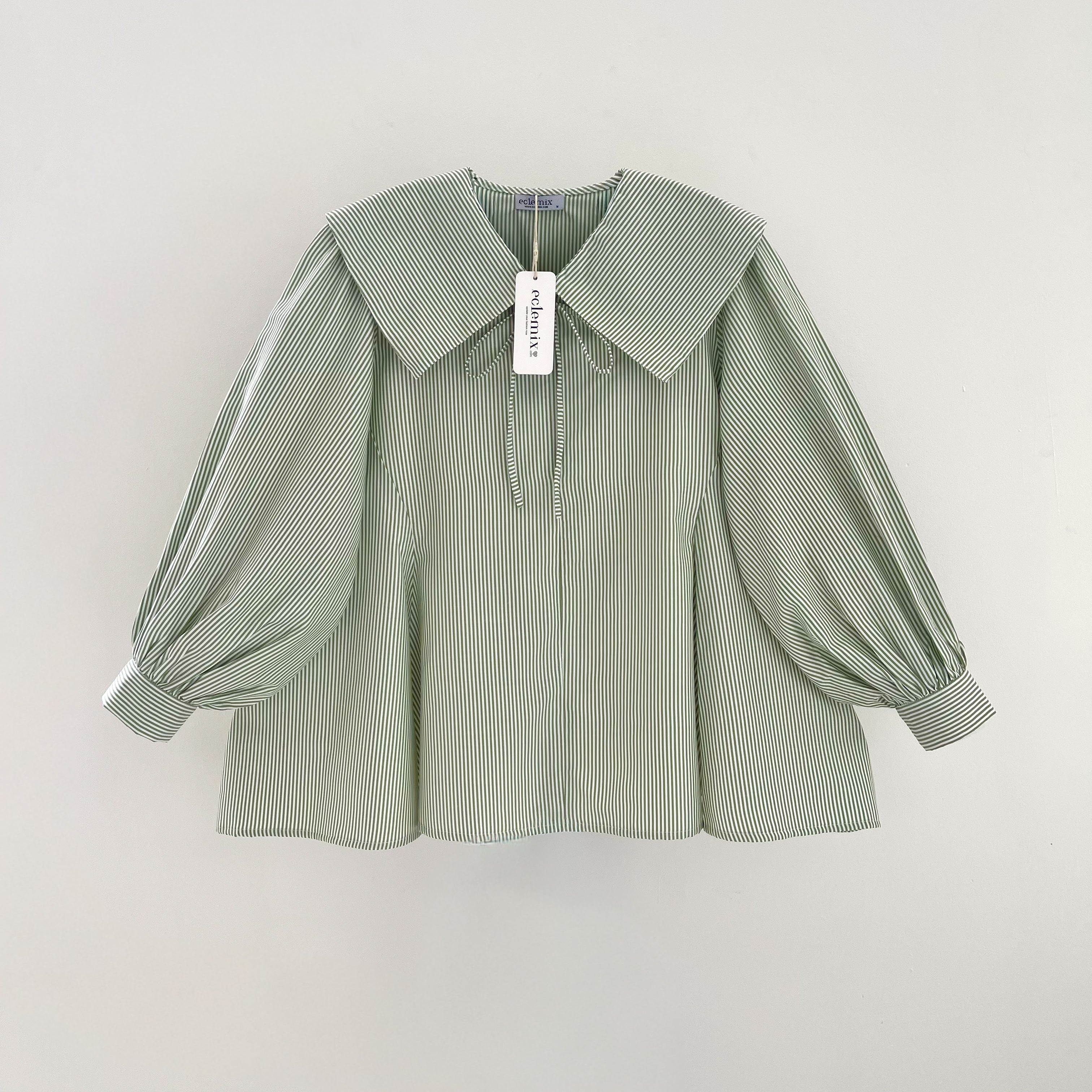 Image of Eclemix Eika Sailor Collar Puff Blouse | Atasan Blouse Wanita Katun Motif Stripes