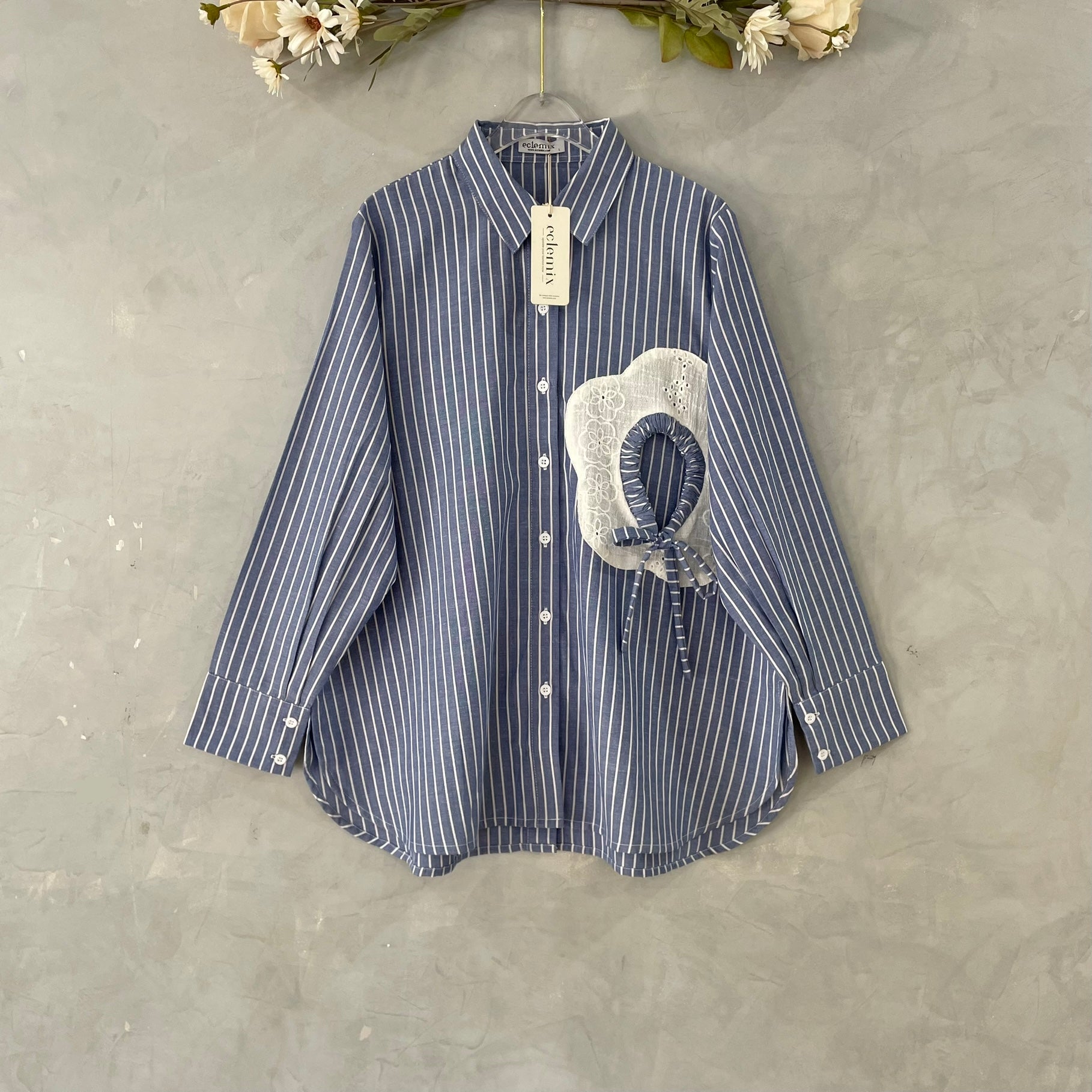 Eclemix Top Orio | Atasan Kemeja kerja stripes patch katun bordir bunga | Smart Casual