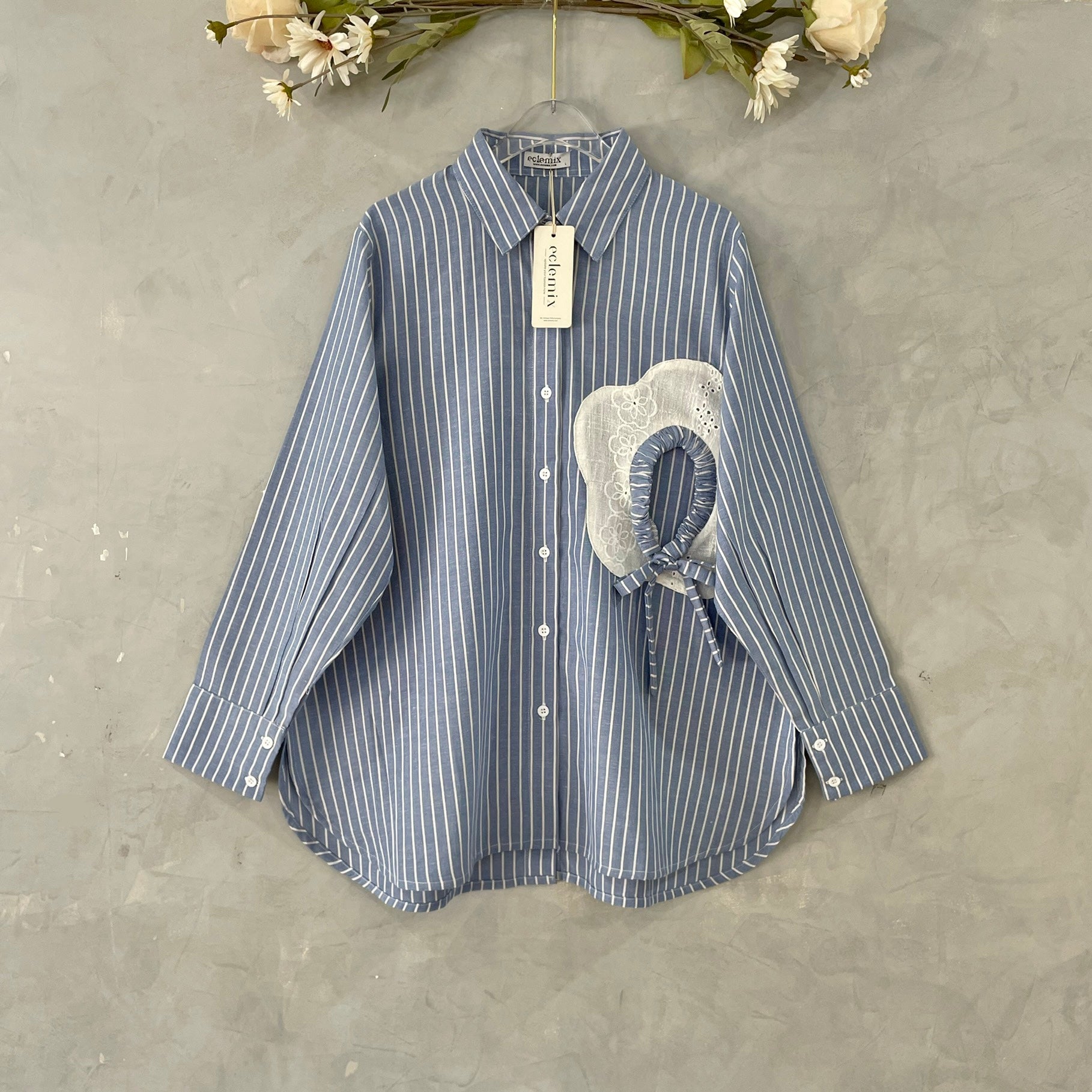 Eclemix Top Orio | Atasan Kemeja kerja stripes patch katun bordir bunga | Smart Casual