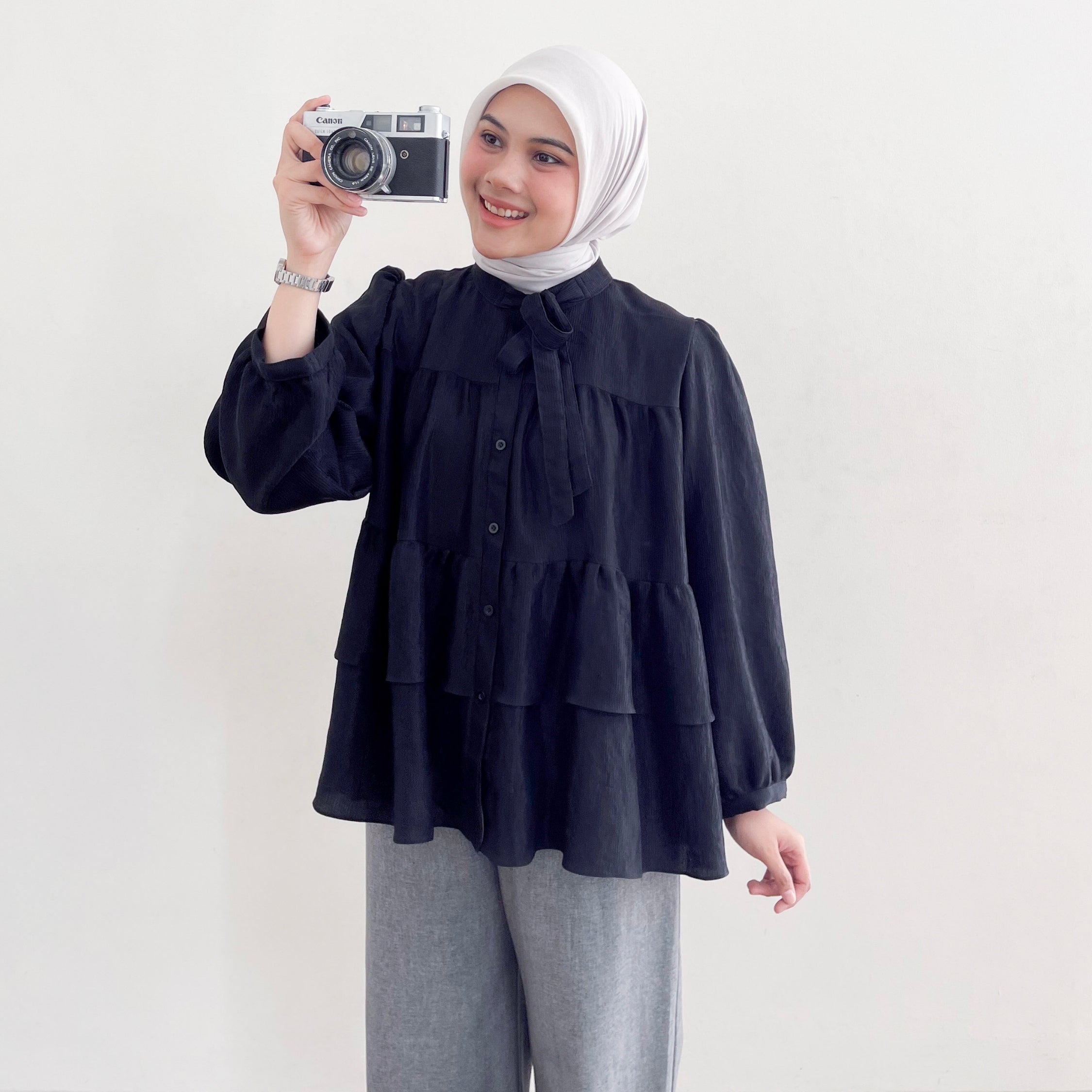 Image of Eclemix Top Vaia - Blouse Pleats Ruffle Lengan Balon Anti Kusut