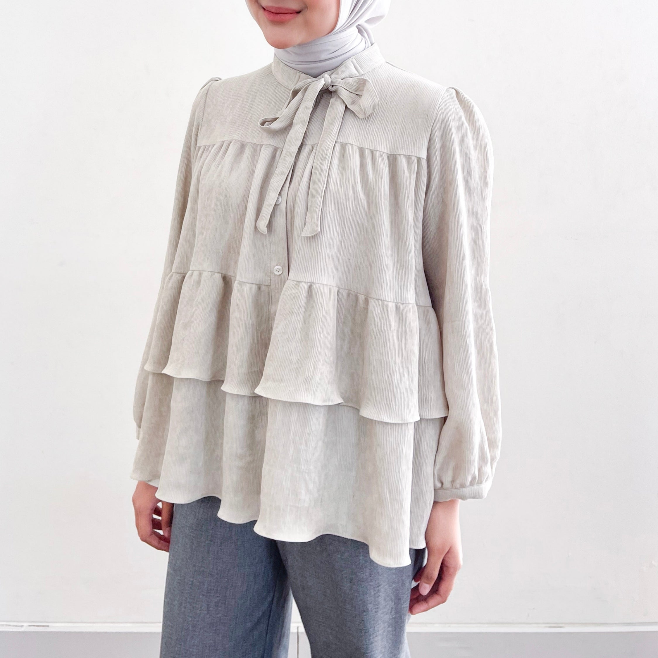 Image of Eclemix Top Vaia - Blouse Pleats Ruffle Lengan Balon Anti Kusut