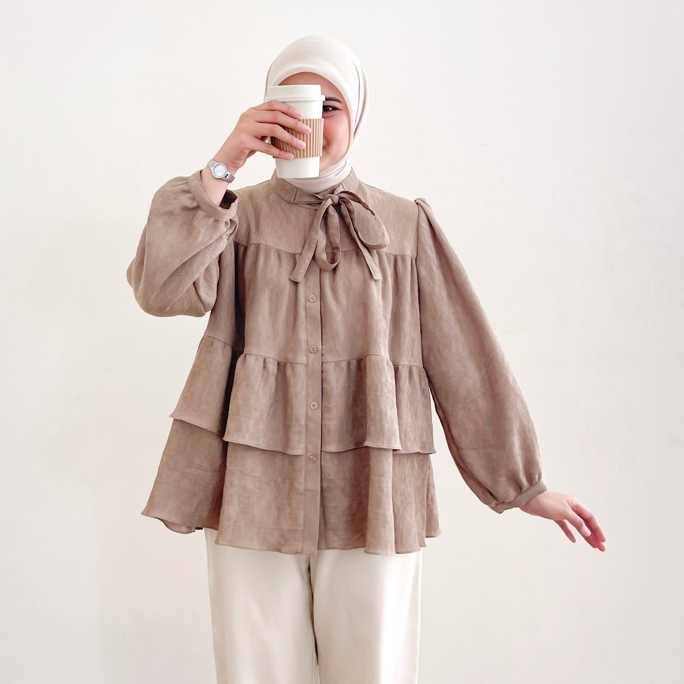 Image of Eclemix Top Vaia - Blouse Pleats Ruffle Lengan Balon Anti Kusut