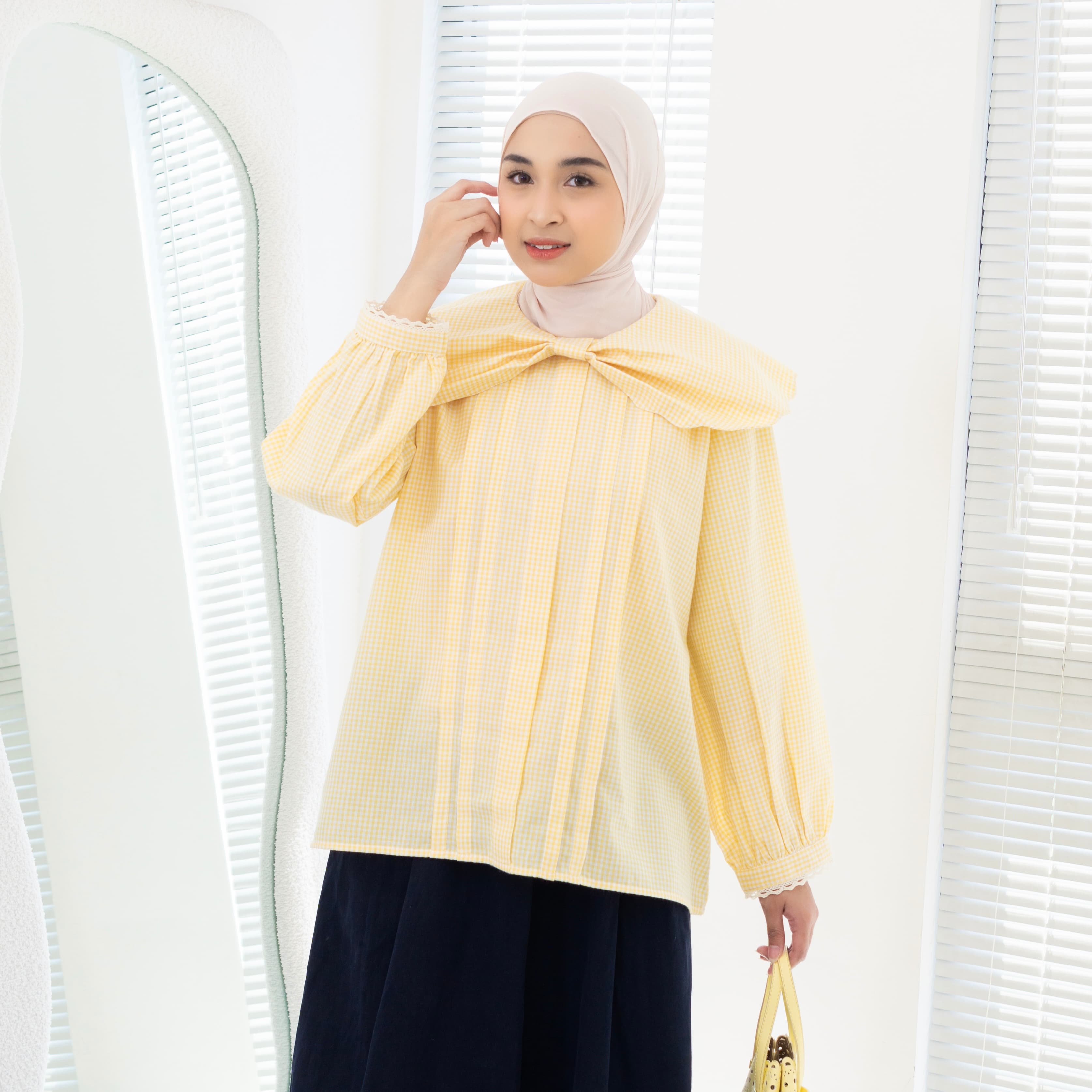 Eclemix Top Yoora | Atasan Wanita Blouse Motif Gingham Kerah Peterpan