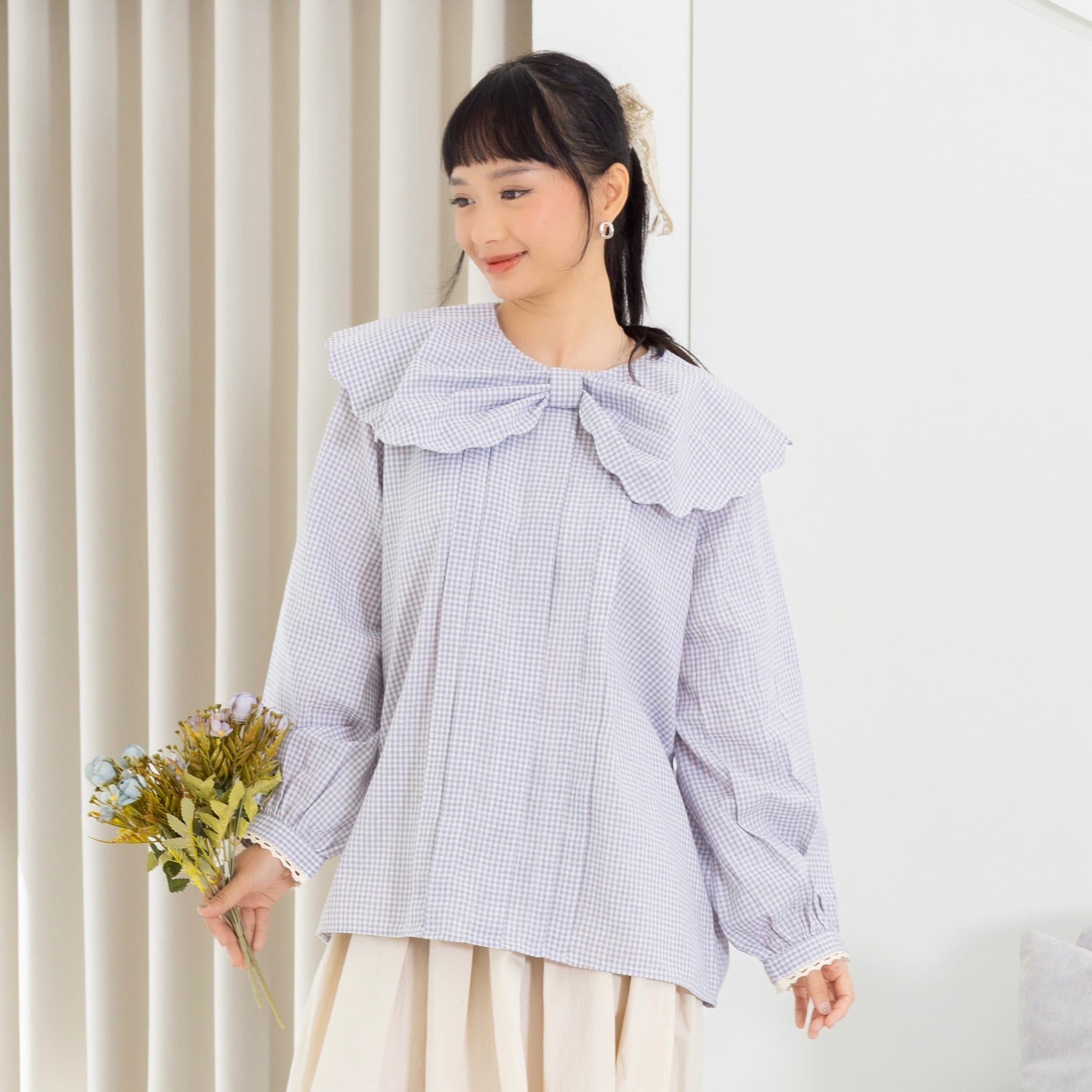 Eclemix Top Yoora | Atasan Wanita Blouse Motif Gingham Kerah Peterpan