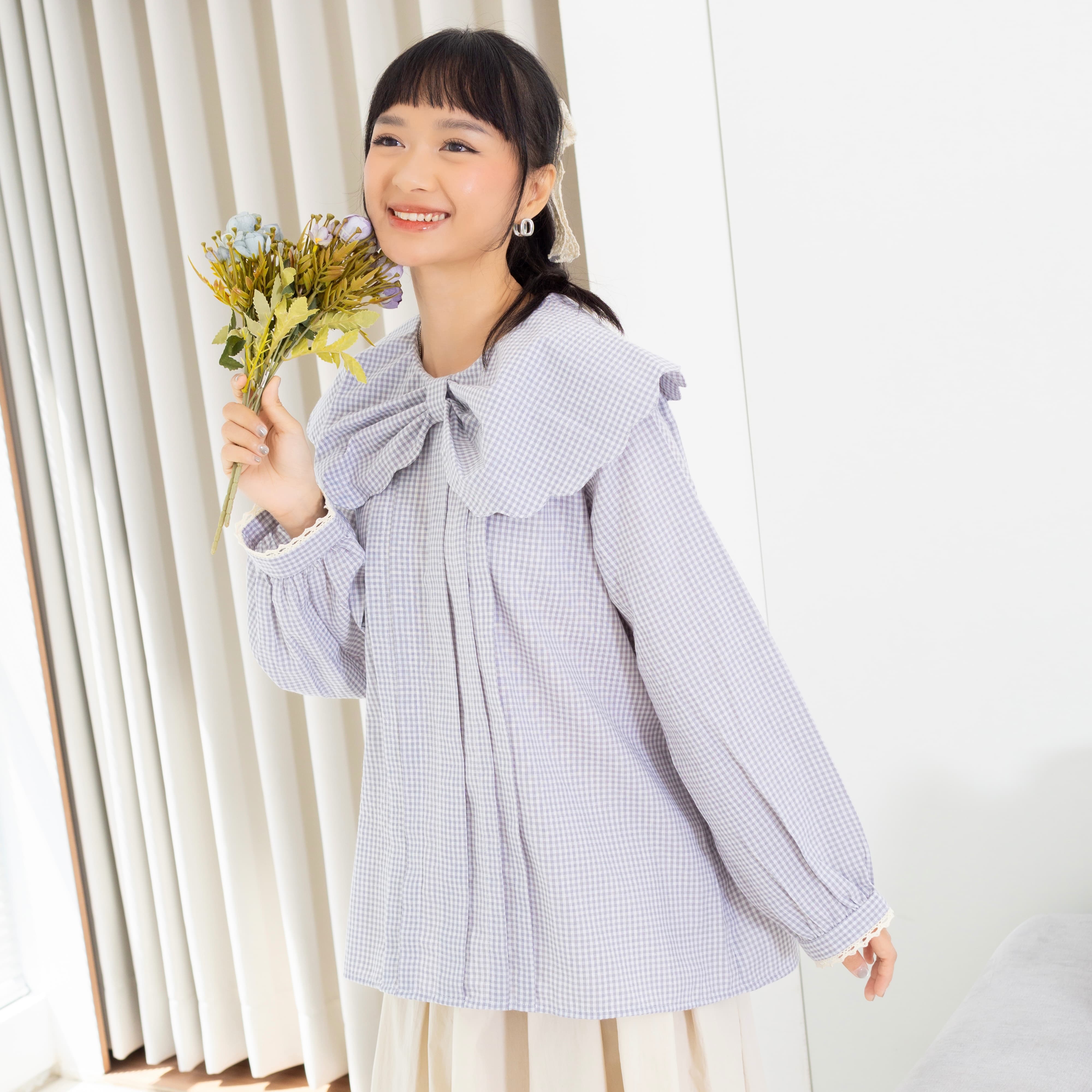 Image of Eclemix Top Yoora | Atasan Wanita Blouse Motif Gingham Kerah Peterpan