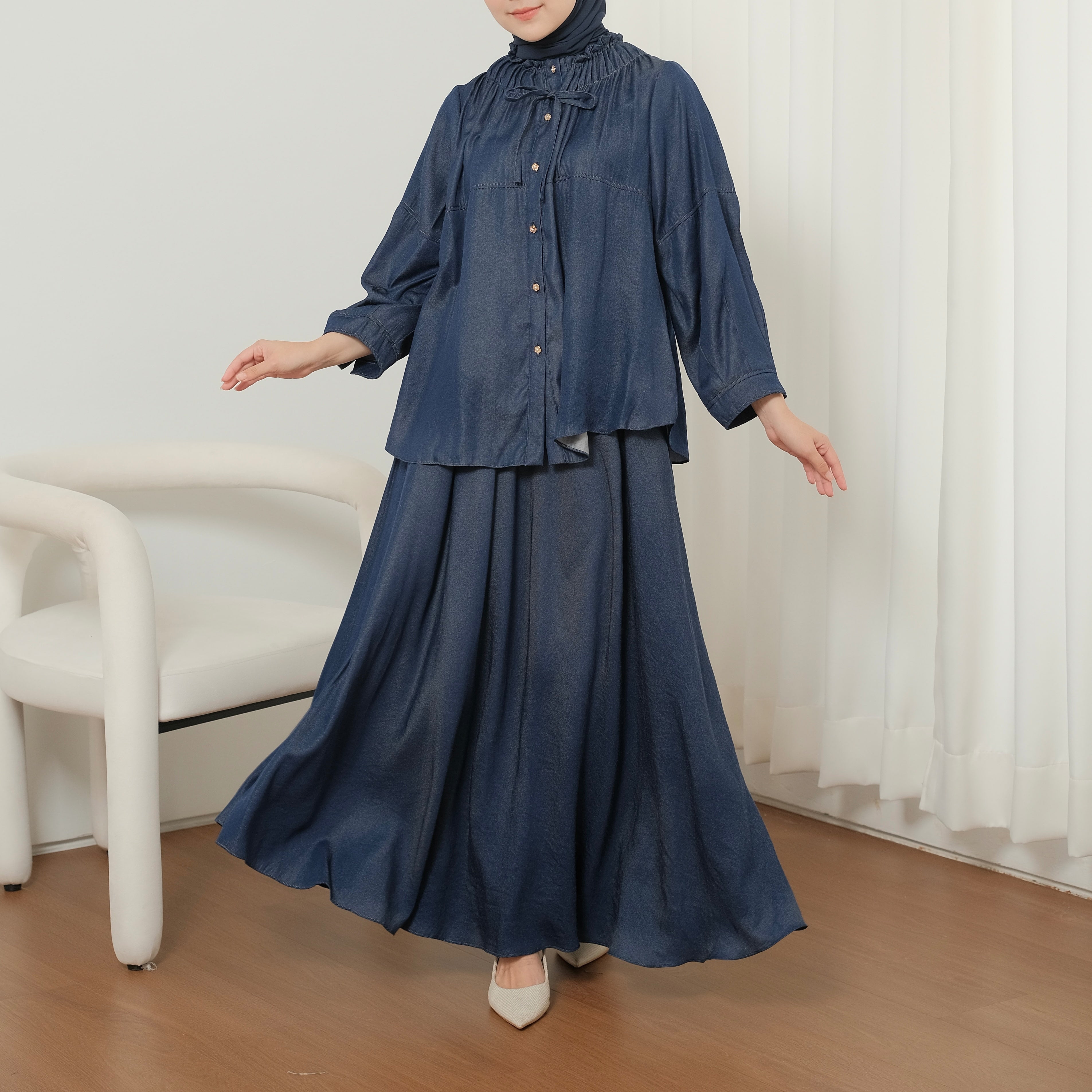 Eclemix Skirt Alina | Rok Flare Basic Panjang Wanita Bahan Denim Flowy