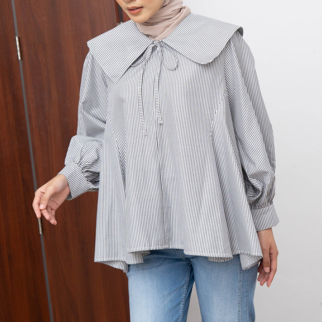 Eclemix Eika Sailor Collar Puff Blouse | Atasan Blouse Wanita Katun Motif Stripes