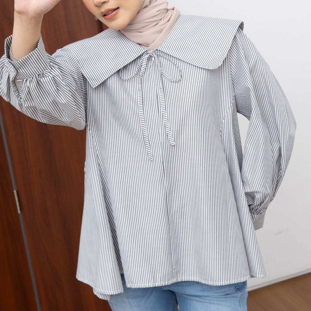 Eclemix Eika Sailor Collar Puff Blouse | Atasan Blouse Wanita Katun Motif Stripes