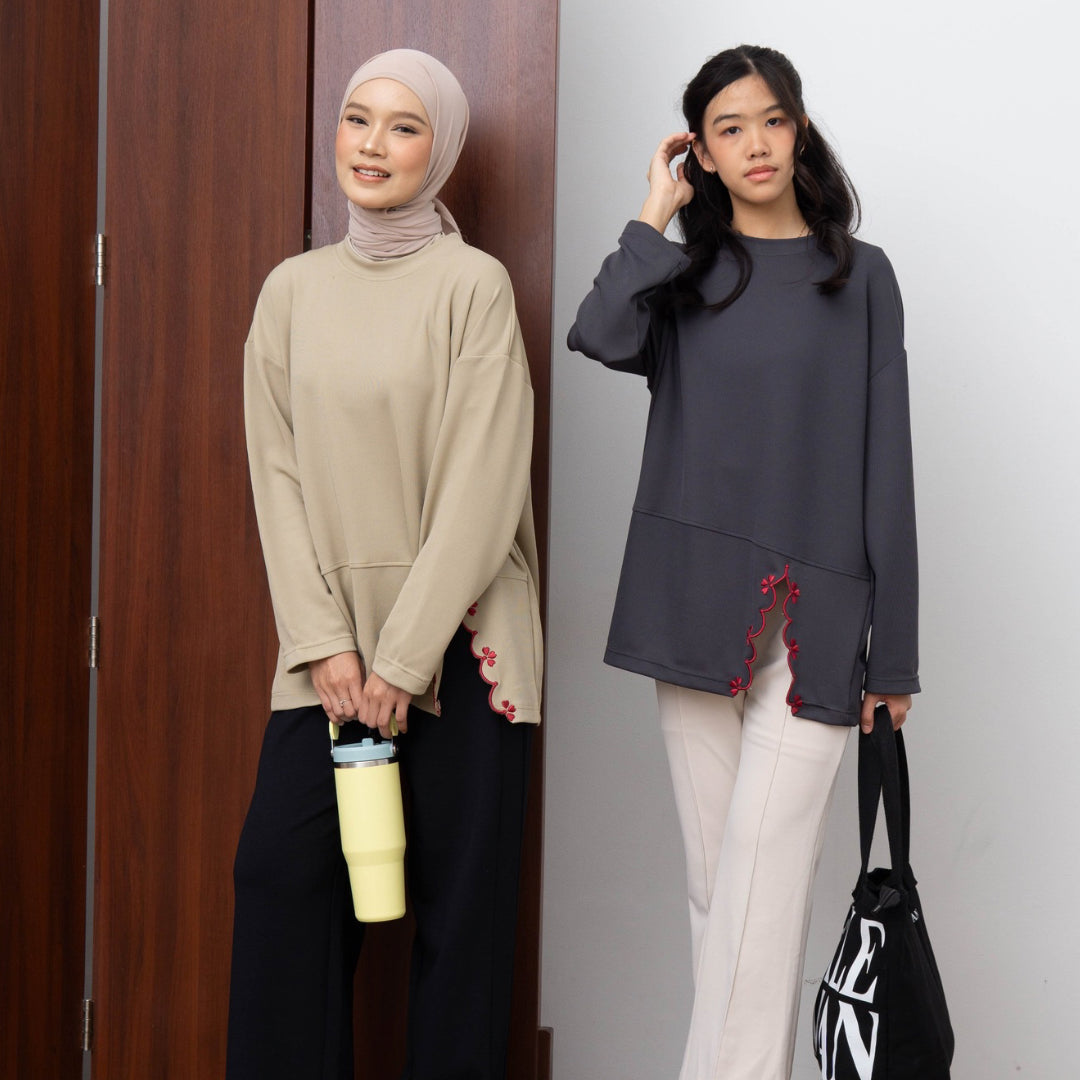 Eclemix Top Orari |  Atasan Wanita Lengan Panjang Oversize Bordir Floral Casual Chic