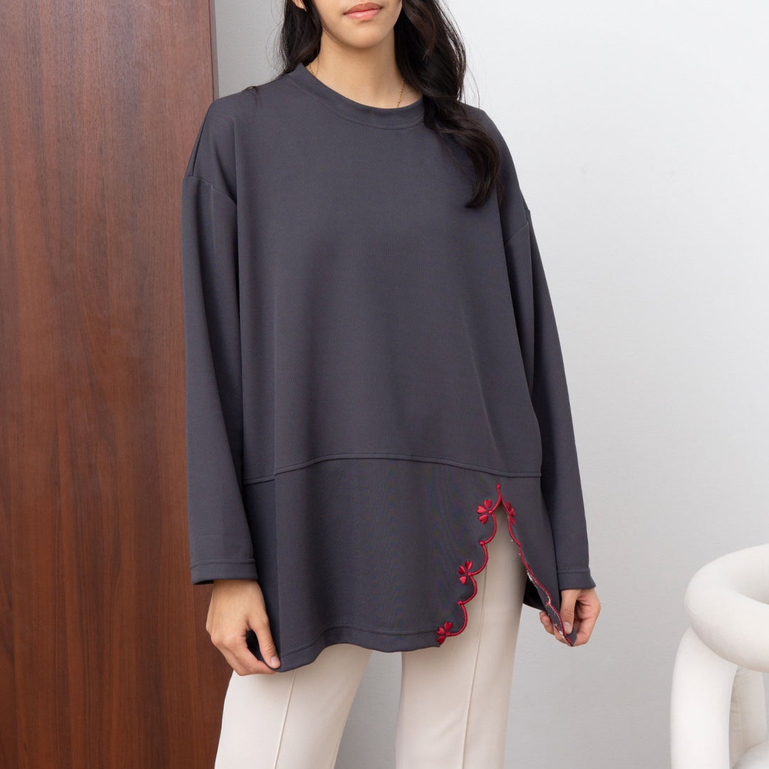 Eclemix Top Orari |  Atasan Wanita Lengan Panjang Oversize Bordir Floral Casual Chic