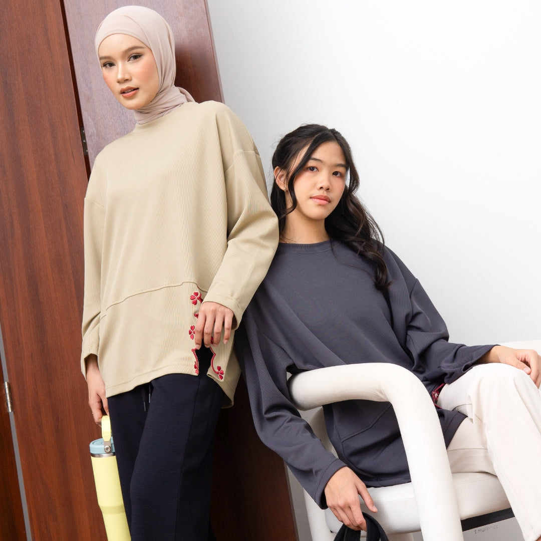 Eclemix Top Orari |  Atasan Wanita Lengan Panjang Oversize Bordir Floral Casual Chic