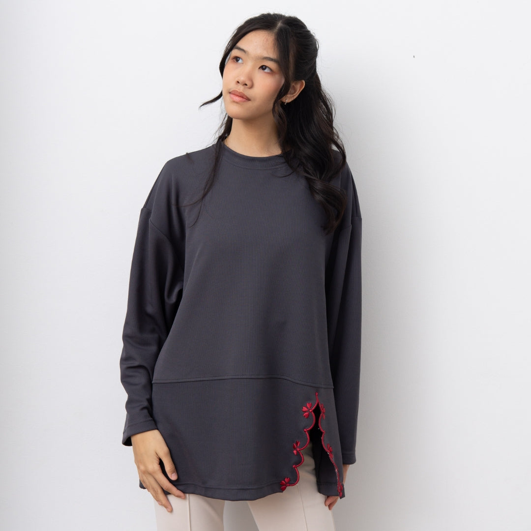 Eclemix Top Orari |  Atasan Wanita Lengan Panjang Oversize Bordir Floral Casual Chic