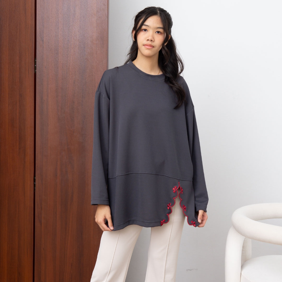 Eclemix Top Orari |  Atasan Wanita Lengan Panjang Oversize Bordir Floral Casual Chic