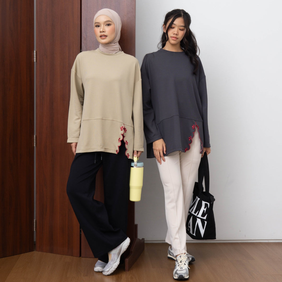 Eclemix Top Orari |  Atasan Wanita Lengan Panjang Oversize Bordir Floral Casual Chic