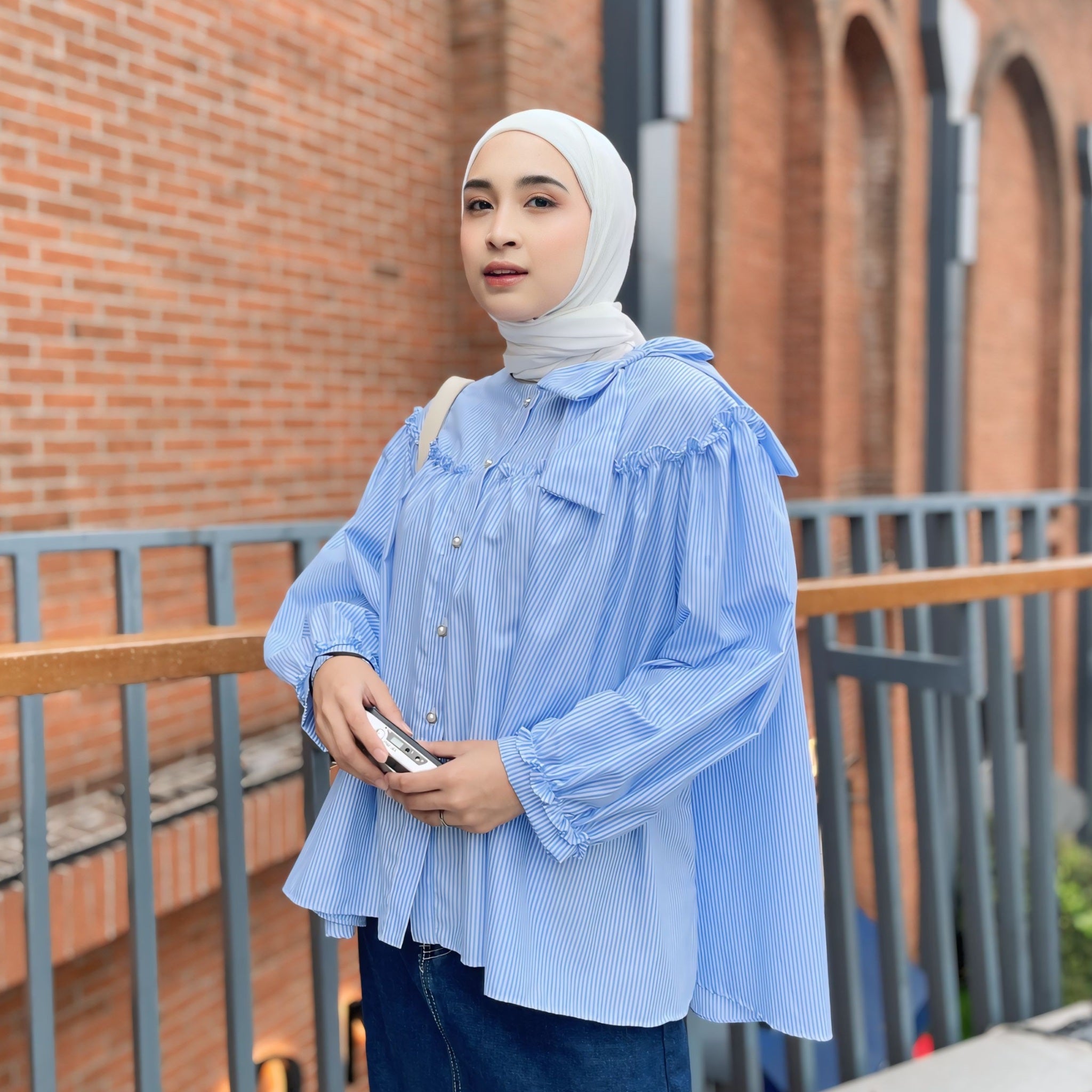 Eclemix Top Tartha | Atasan Wanita Kemeja Motif Stripes Pita Bowtie