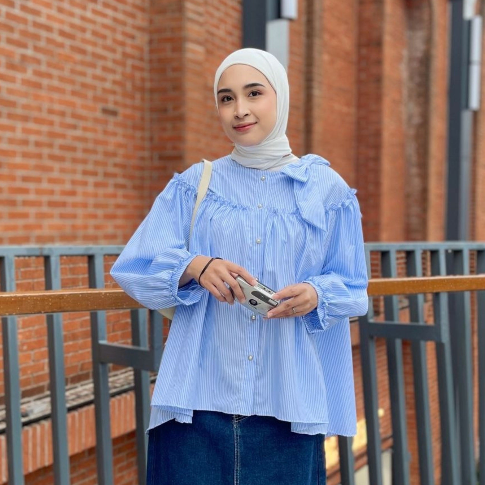 Eclemix Top Tartha | Atasan Wanita Kemeja Motif Stripes Pita Bowtie