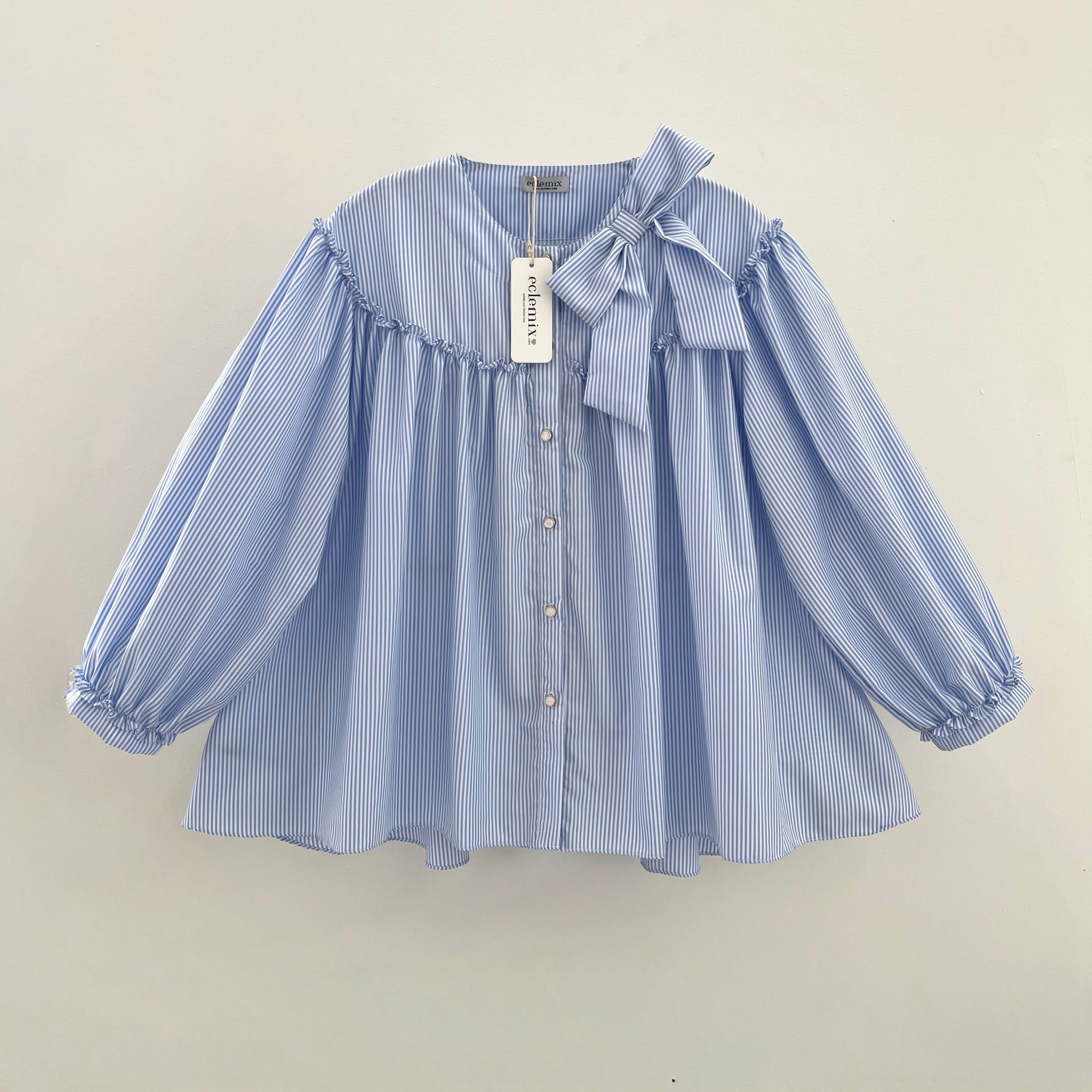 Image of Eclemix Top Tartha | Atasan Wanita Kemeja Motif Stripes Pita Bowtie