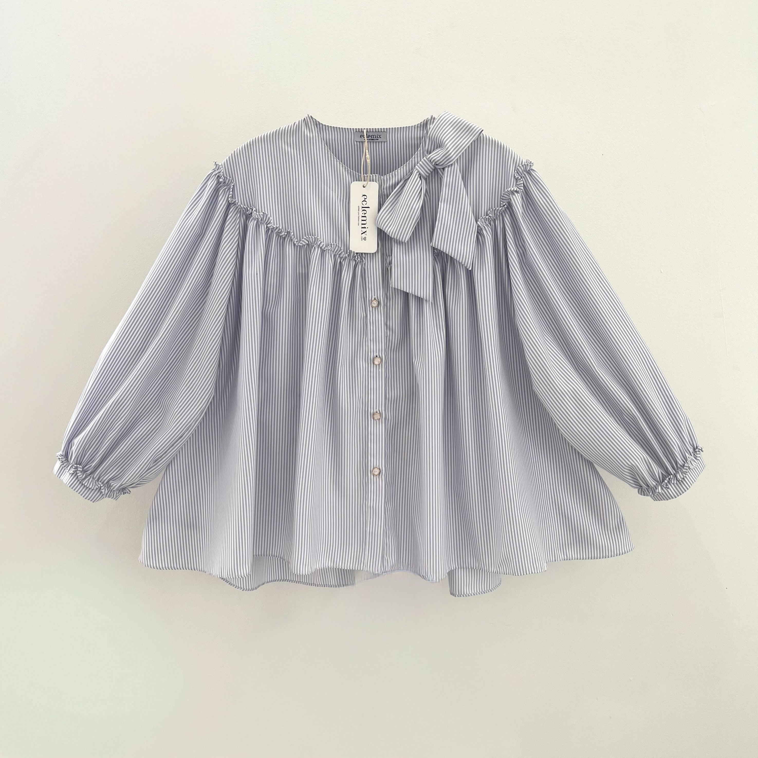 Eclemix Top Tartha | Atasan Wanita Kemeja Motif Stripes Pita Bowtie