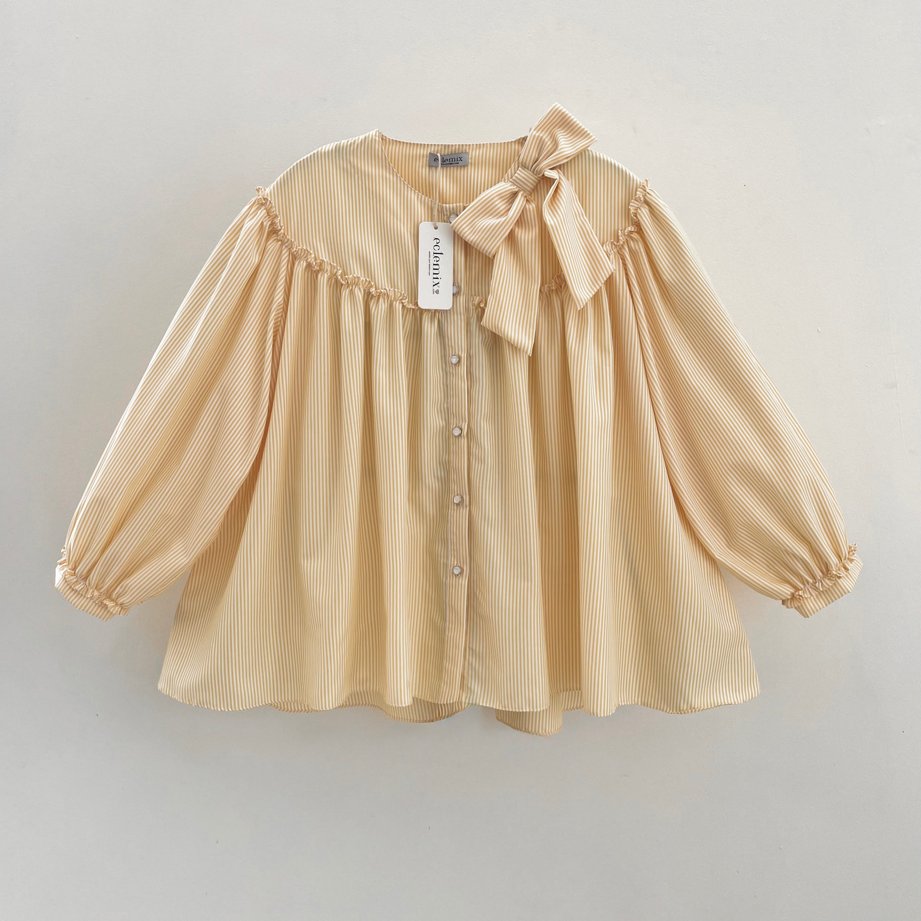 Image of Eclemix Top Tartha | Atasan Wanita Kemeja Motif Stripes Pita Bowtie