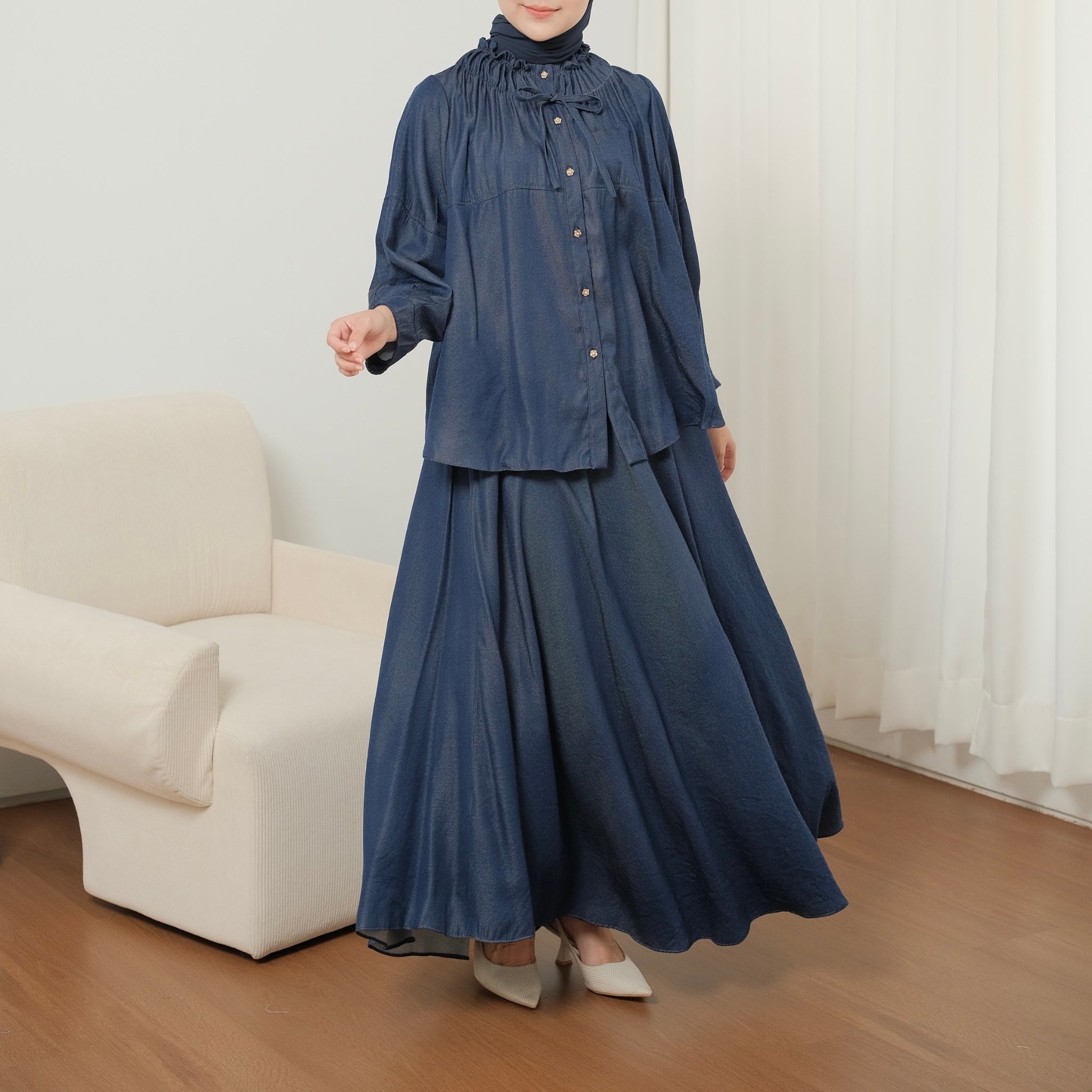 Image of Eclemix Skirt Alina | Rok Flare Basic Panjang Wanita Bahan Denim Flowy